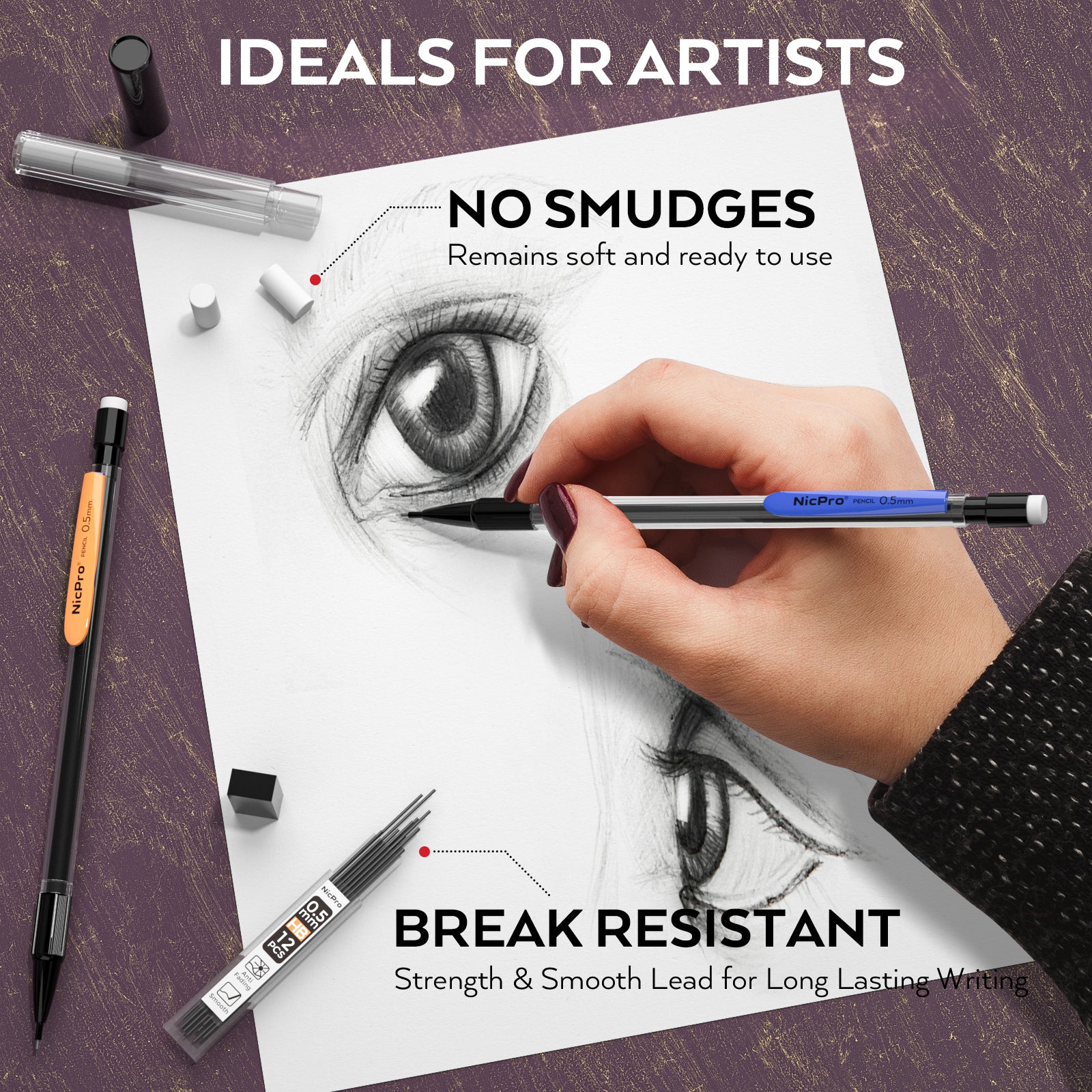 Nicpro 24 Pack 0.5 mm Mechanical Pencils Set, Lead Pencil Bulk Cute Mechanical Pencil with 2 tubes HB #2 Lead Refills & Eraser Refills for Kids Girls Art Writing, Drawing, Drafting, Sketching, School