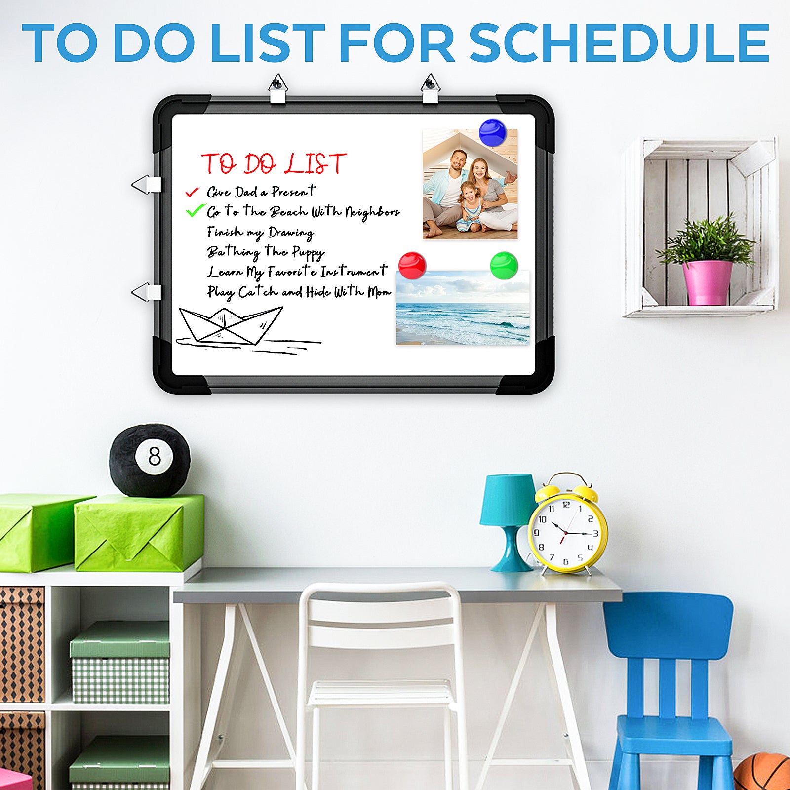 Nicpro Dry Erase Whiteboard Hanging, 12 x 16 inch Double Sided Large Magnetic Wall White Board with 8 Pens, 1 Eraser, 4 Magnets, Portable White Board for Kids Memo to Do List Students School (Black)