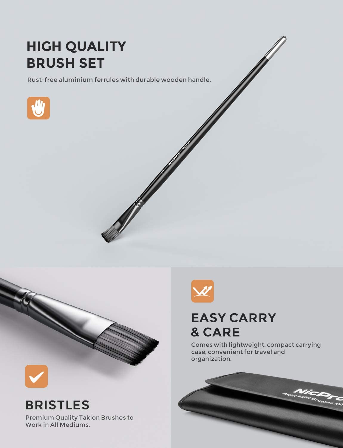 Nicpro Professional Paint Brushes Set for Acrylic Watercolor Oil Gouache Painting 16 PCS Black Art Brush Comb Supplies Kit with Carrying Travel Bag