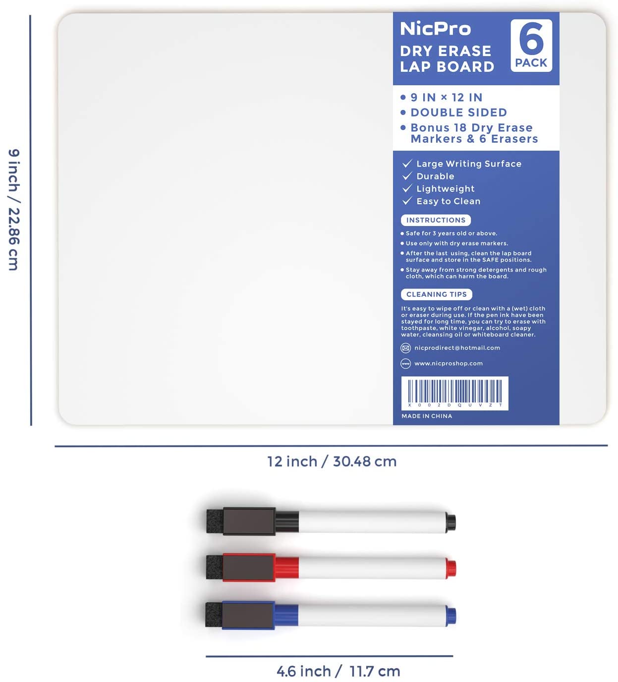 Nicpro 6 Pack Lapboard Small Dry Erase Lap Board 9 x 12 inches Double Sided with 18 Water-Based Pens and 6 Erasers Learning Mini Whiteboard Bulk Portable for Kid Student and Classroom Use