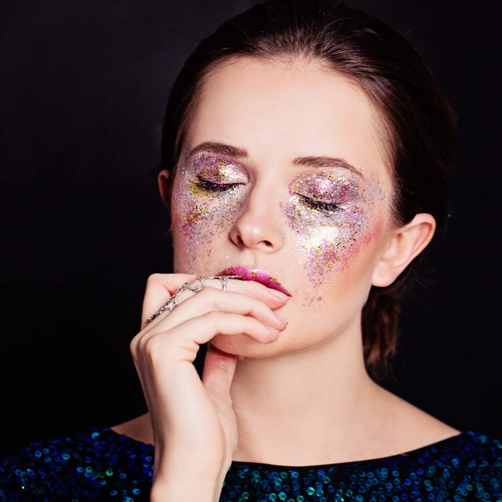 Nicpro Holographic Chunky Glitter Set 6 Colors with 3pcs Fix Gel Festival Glitter Cosmetic Face Body Hair Nails Blue Pink Silver Gold White Glitter