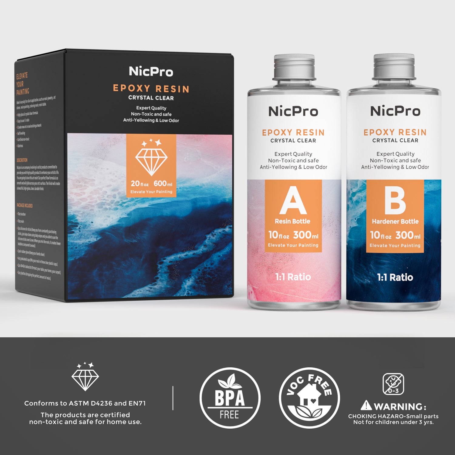 Nicpro 2 Part Art Epoxy Resin 20 Oz. Starter Clear Coating and Casting Resin with Silicone Sticks, Gloves, Measuring Cups, Tablecloths, Pipettes for Resin Molds Jewelry Making Kit- Easy Mix 1:1 Ratio