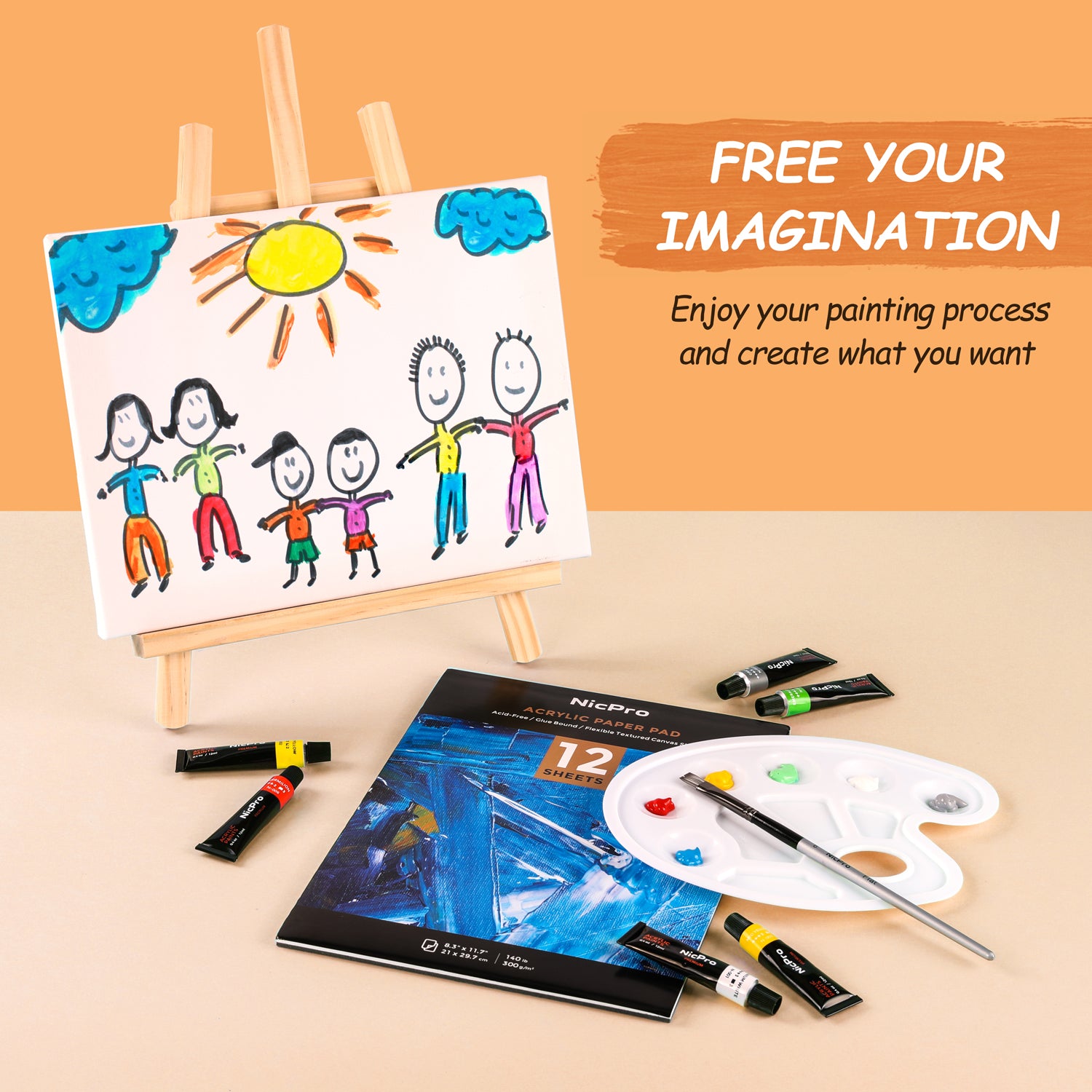 Nicpro Kid Art Set, 24 Colors Acrylic Paint,Complete Painting Supplies Kit for Boy & Girls Gift with Canvas, Smock, Painting Pad, Mixing Knives, Easel, Sponge, Mixing Tray