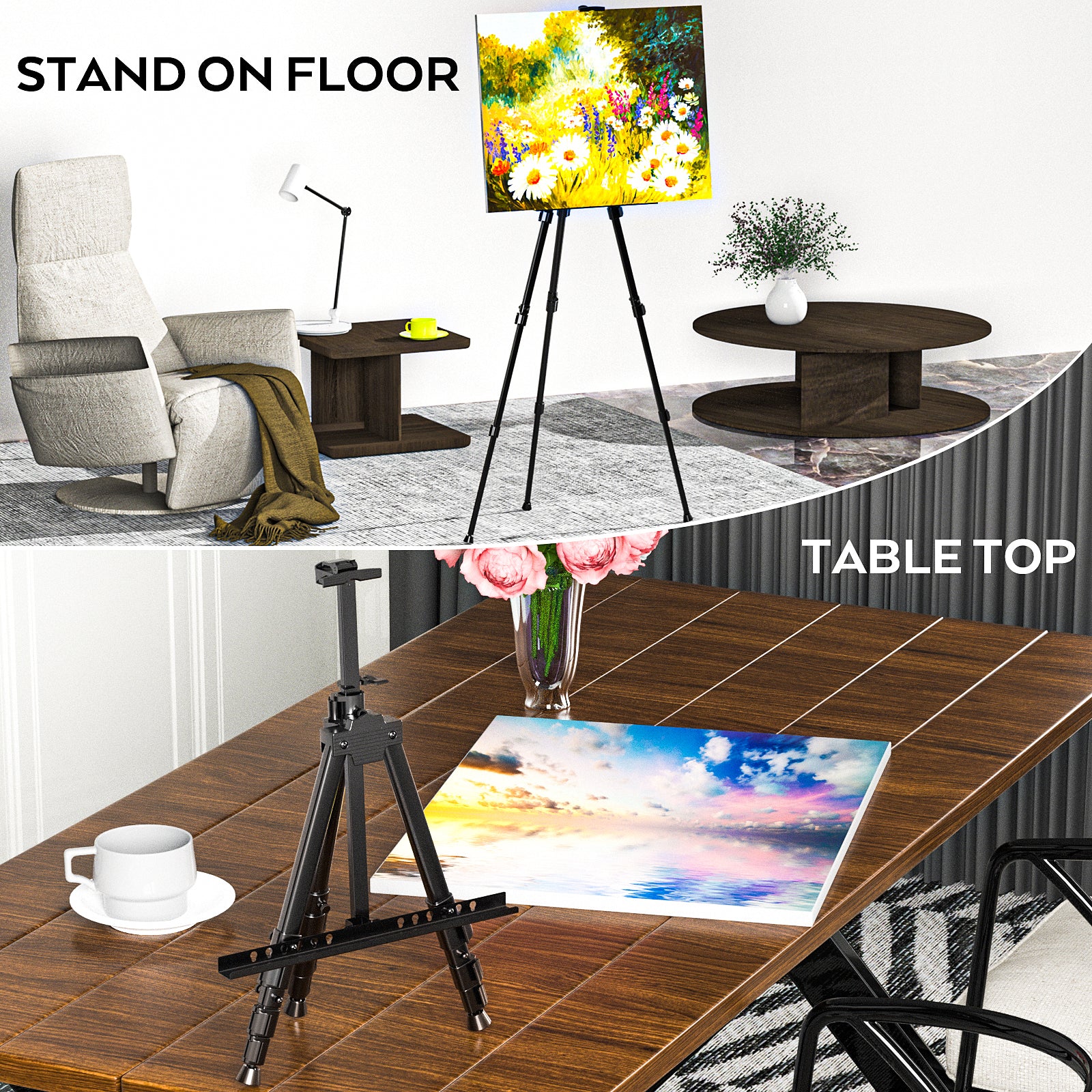 Nicpro 2 Pack Artist Easel Stand, Adjustable Height 17" to 63" Aluminum Metal Tripod Easel for Table Top & Floor, Painting Easel for Display, Posters, Signs Artwork & Trade Exhibitions with Bag- Black