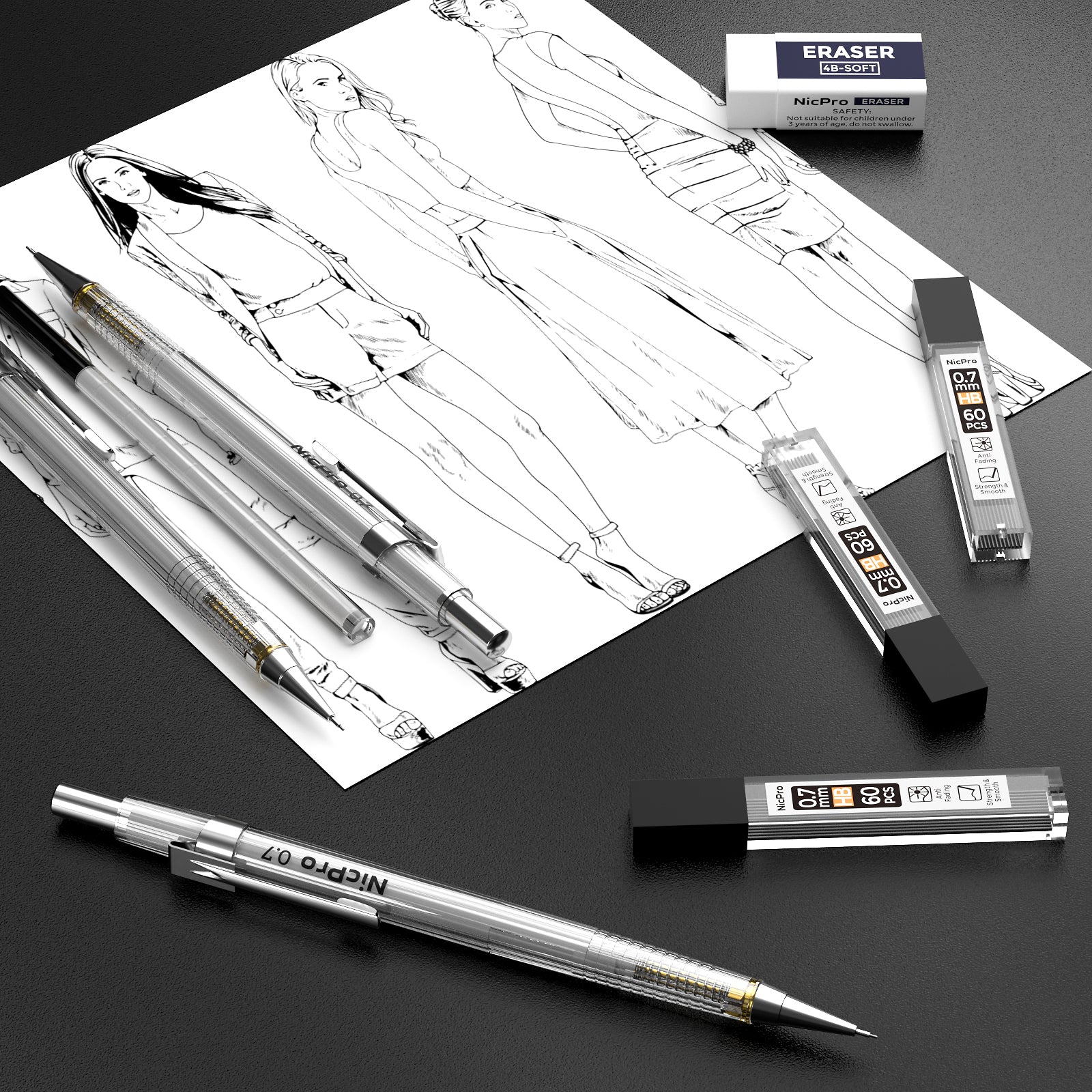 Nicpro 0.7 mm Art Mechanical Pencils Set, 3 Pencil With 3 Tubes HB Pencil Leads, 1 Erasers And 1 Tube Cap Eraser Refill For Architect Art Writing, Drafting, Drawing, Engineering, Sketching