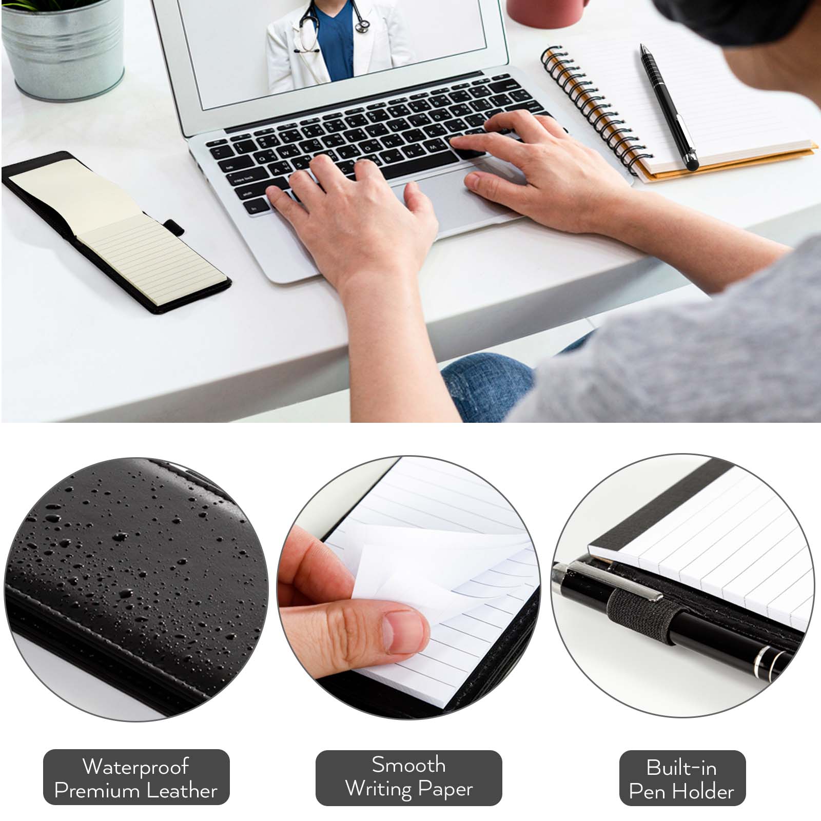 Nicpro Small Notepads Holder Set, 10 Pieces Mini Pocket Notebook PU Leather with 1pcs Metal Pen and 8pcs Lined Memo Book Refills for Meeting, Daily Records, Notes (Black)