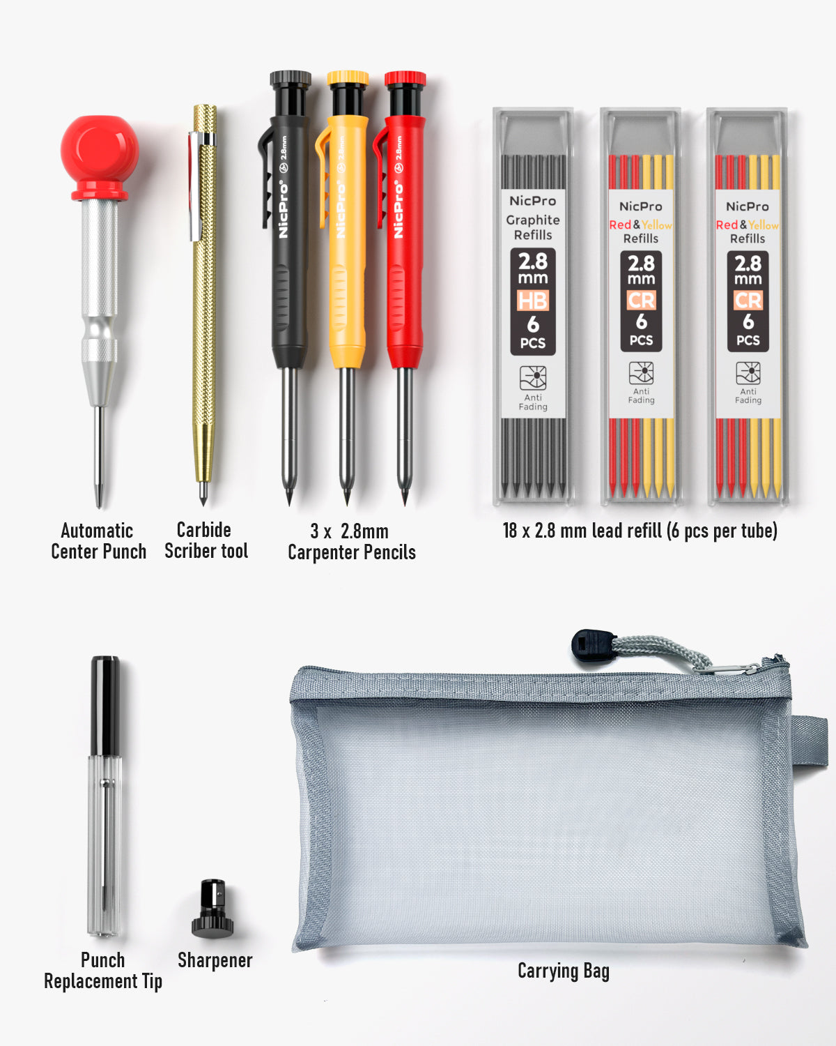 Nicpro 10PCS Mechanical Carpenter Pencil Set with Built-in Sharpener, Lead Refill, Engraving Pen, Center Punch, Lead Pointer, Deep Hole Marker Construction Pencil for Architect Woodworking