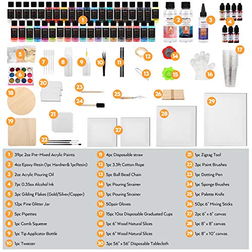 Nicpro 39 Colors Pouring Paint Kit, Ready to Pour Acrylic Paint Supplies With 4pcs Canvas and Wood Slices, Epoxy Resin, Pour Oil, Tool including Brushes, Gloves, Strainer, Cup, Epoxy Resin, Instructions Flow DIY Painting