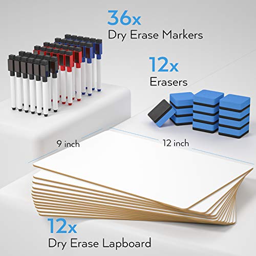Nicpro 12 Pack Dry Erase Lapboard Set Small Kid Whiteboard 9 x 12 inches Double Sided with 18 Water-Based Pens and 6 Erasers Learning Mini Bulk White Board for Student and Classroom Use