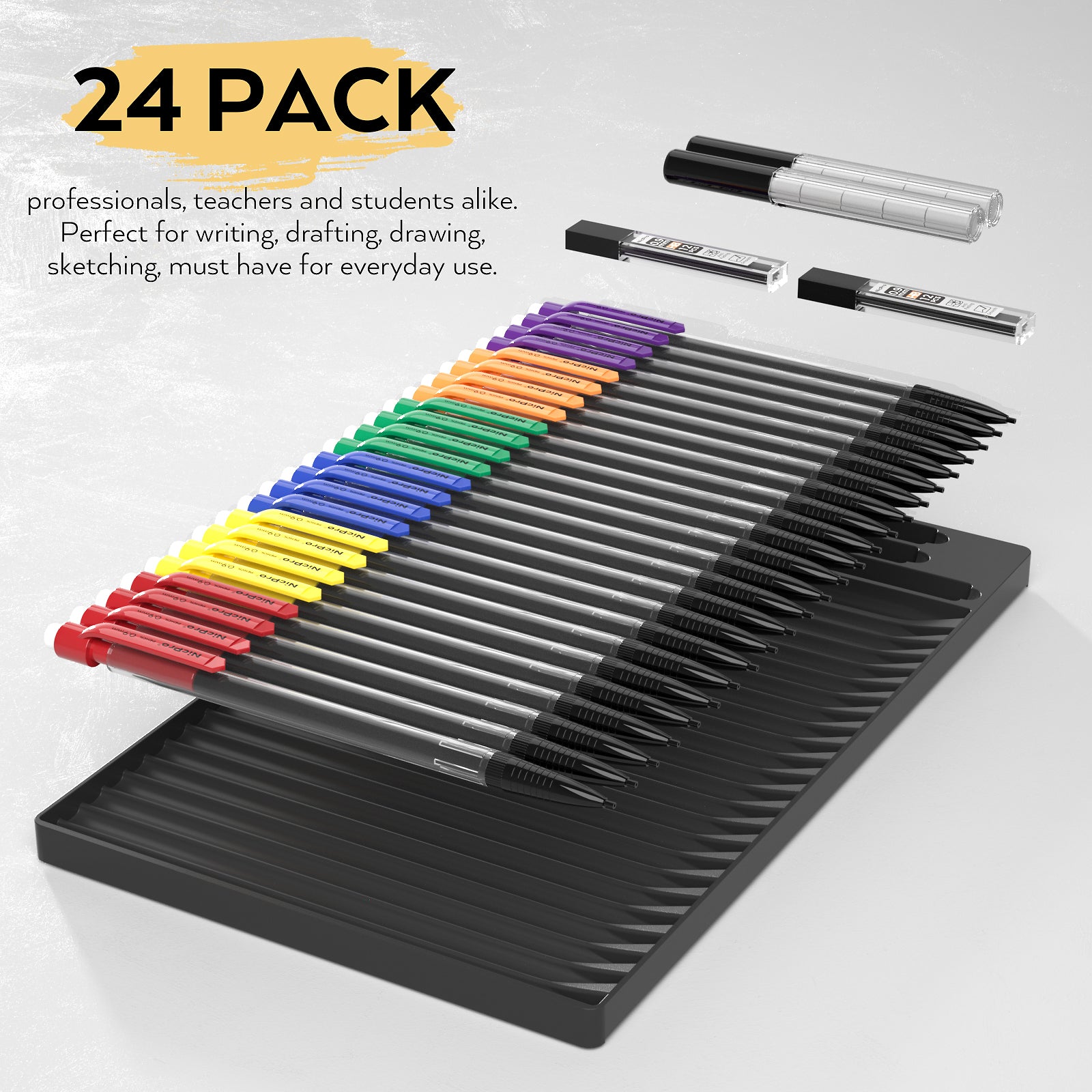 Nicpro 24 Pack 0.9 mm Mechanical Pencils Set, Lead Pencil Bulk Cute Mechanical Pencil with 2 tubes HB #2 Lead Refills & Eraser Refills for Kids Girls Art Writing, Drawing, Drafting, Sketching, School