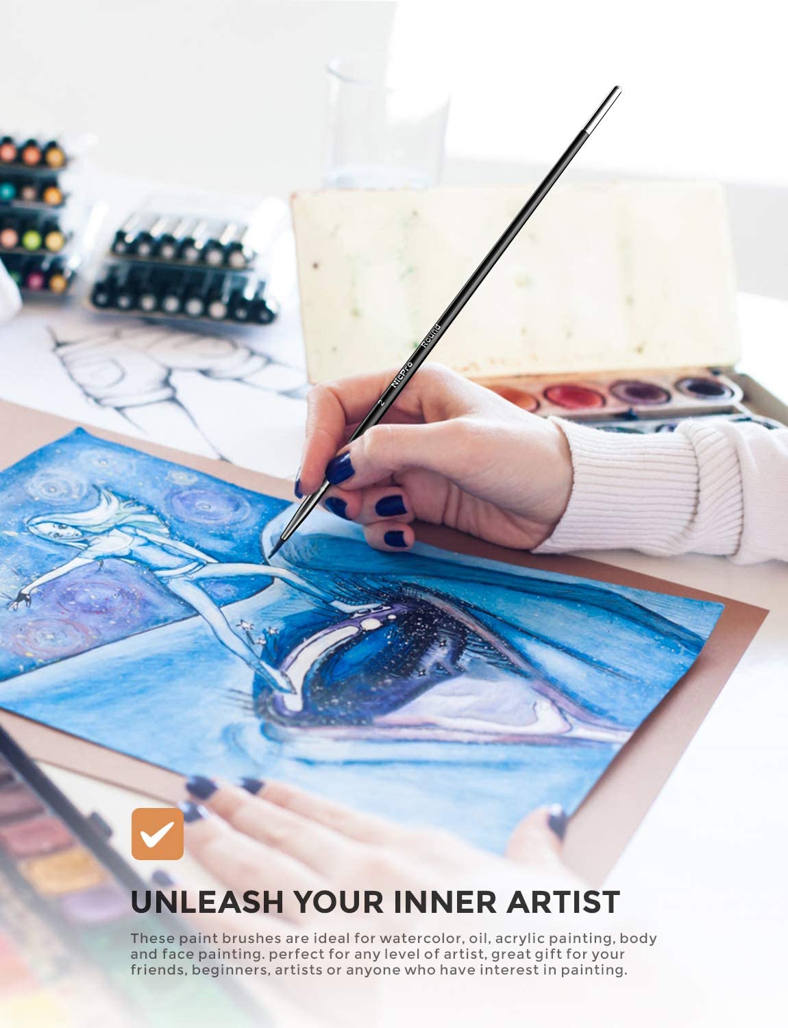 Nicpro Professional Paint Brushes Set for Acrylic Watercolor Oil Gouache Painting 16 PCS Black Art Brush Comb Supplies Kit with Carrying Travel Bag