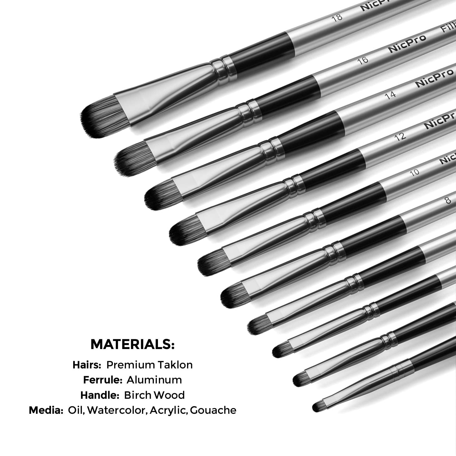 Nicpro 10 PCS Filbert Paint Brushes Art Painting Brush Set for Acrylic Watercolor Oil Gouache Canvas, Artist Kit for Kid & Adult