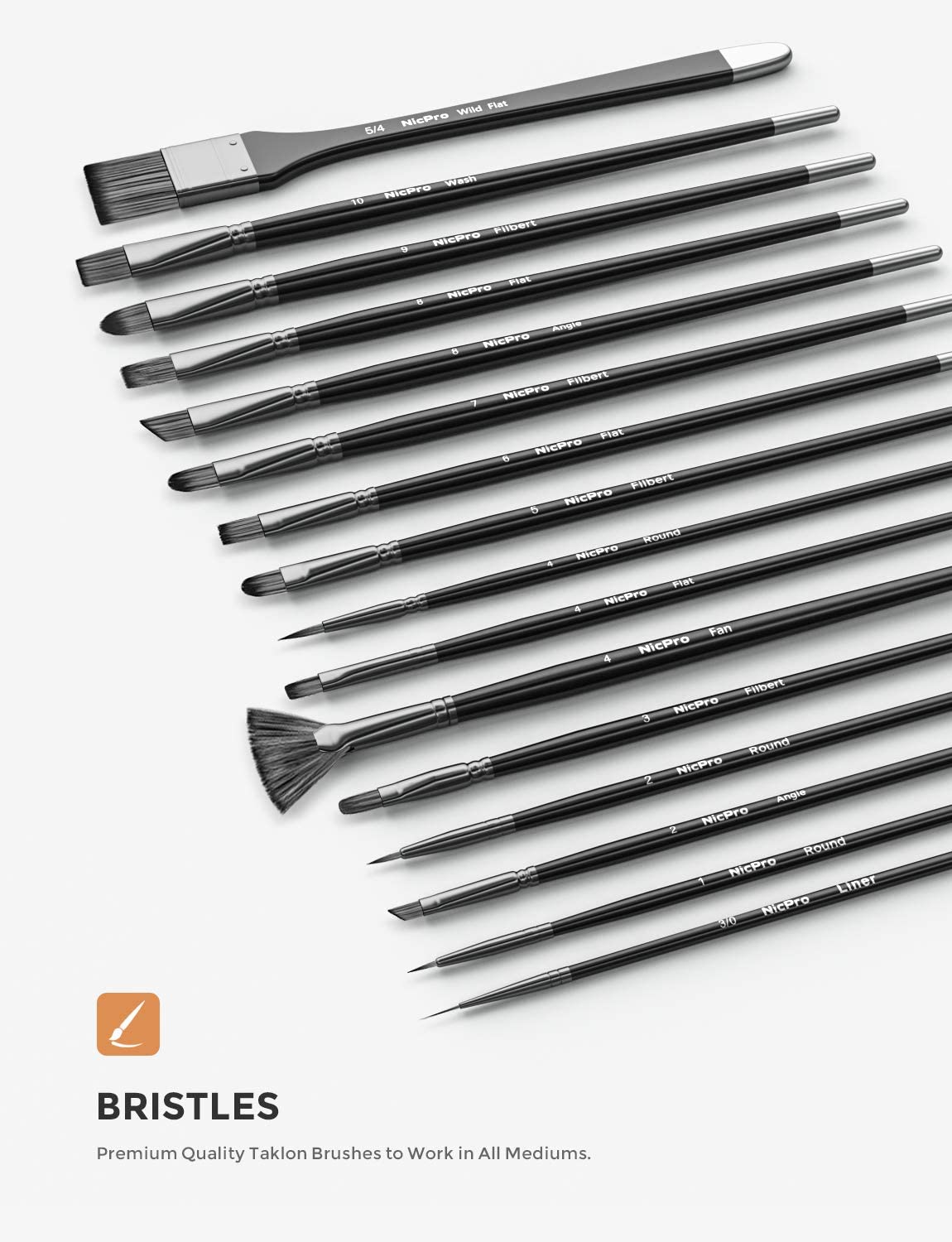 Nicpro Professional Paint Brushes Set for Acrylic Watercolor Oil Gouache Painting 16 PCS Black Art Brush Comb Supplies Kit with Carrying Travel Bag