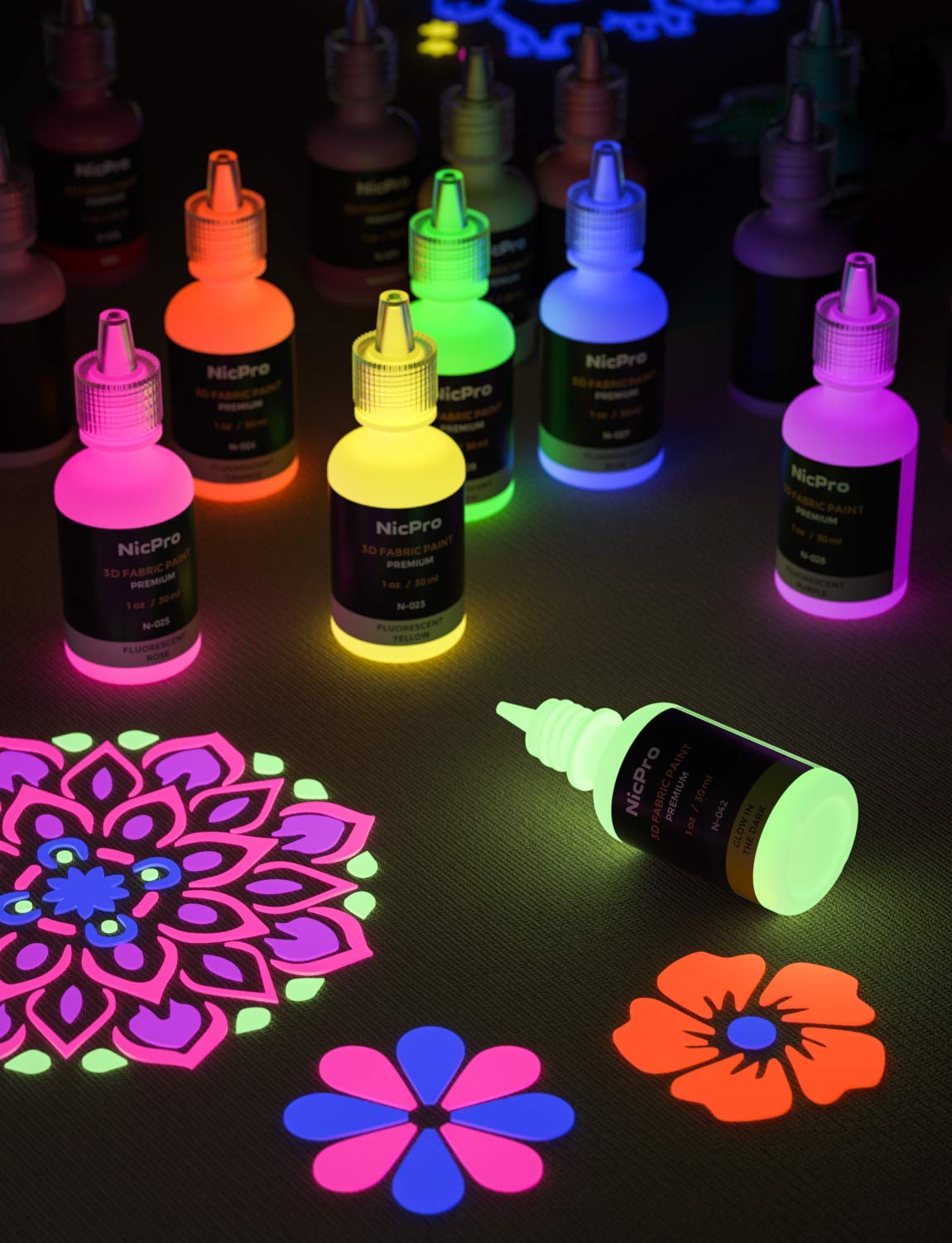 Nicpro 3D Fabric Paint Set ,42 Colors Puffy Paints with 3 Brushes and Stencils, Palette| Permanent Textile Paint Including Neon & Glitter& Metallic Glue Colors for Craft, T-Shirt, Glass and Wood