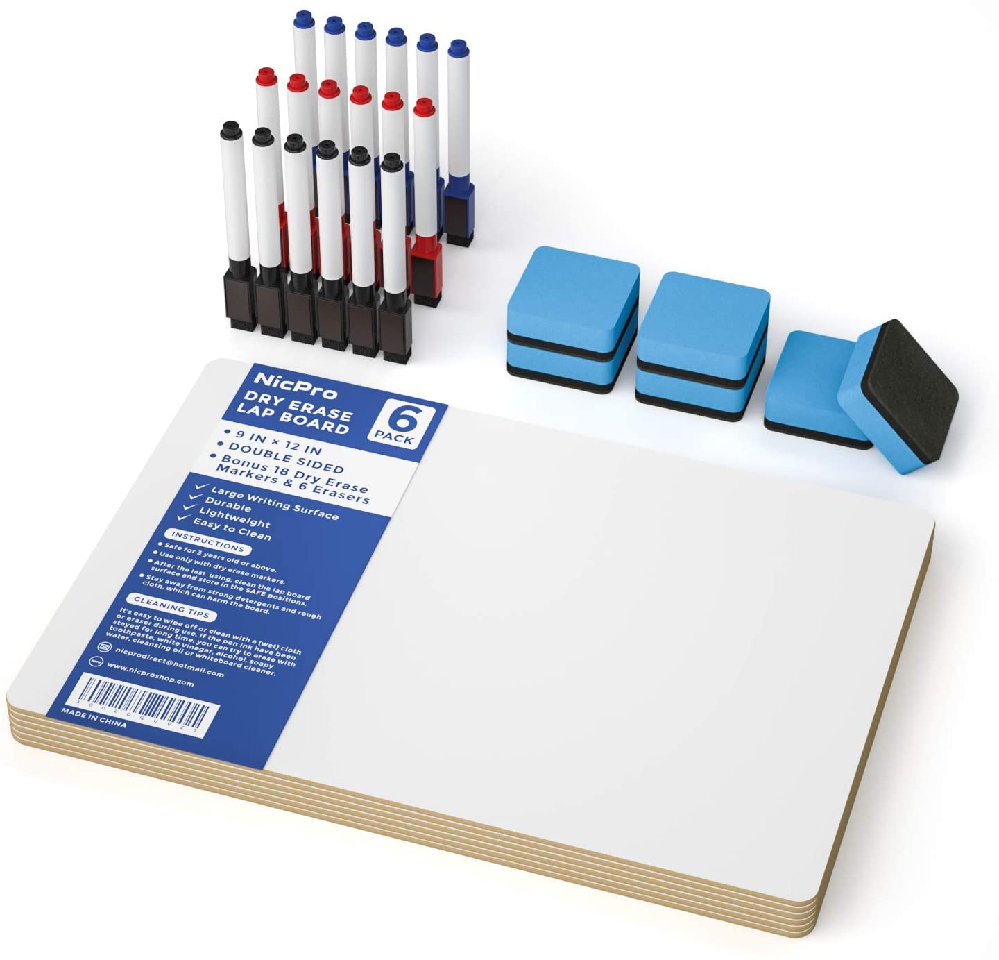 Nicpro 6 Pack Lapboard Small Dry Erase Lap Board 9 x 12 inches Double Sided with 18 Water-Based Pens and 6 Erasers Learning Mini Whiteboard Bulk Portable for Kid Student and Classroom Use