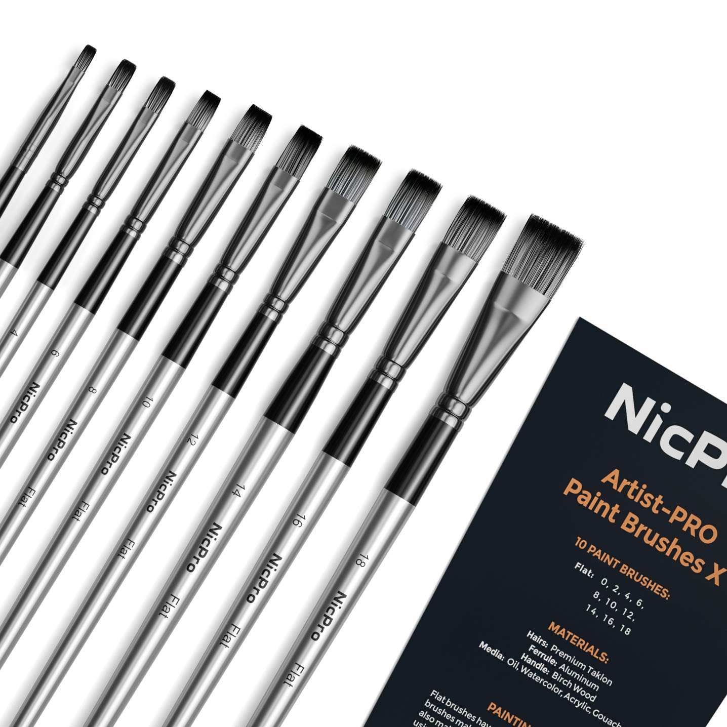 Nicpro 10 PCS Flat Paint Brush Set Art Painting Brushes for Acrylic Wa