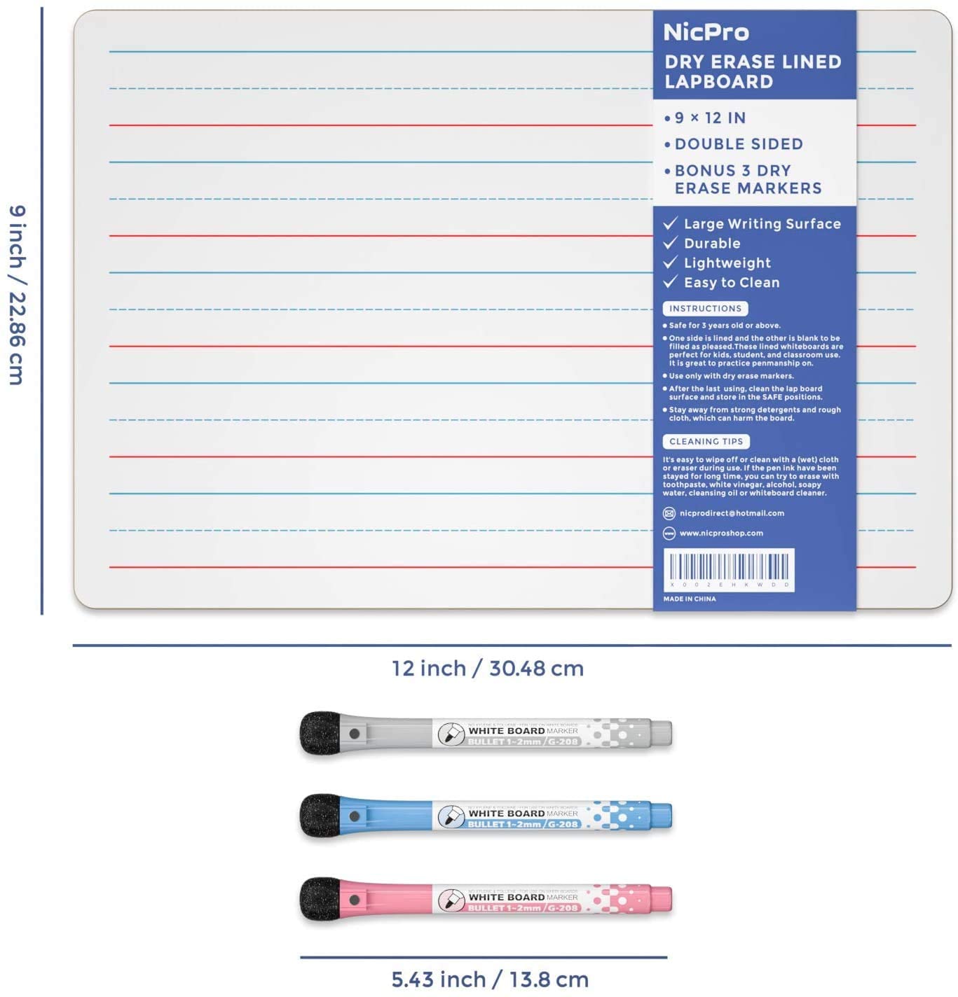 Nicpro Dry Erase Kid Whiteboard 9 x 12 Inches Double Sided Blank & Lined with 3 Water-Based Pens Small Learning Mini Ruled White Lap Board Portable for Student and Classroom Use