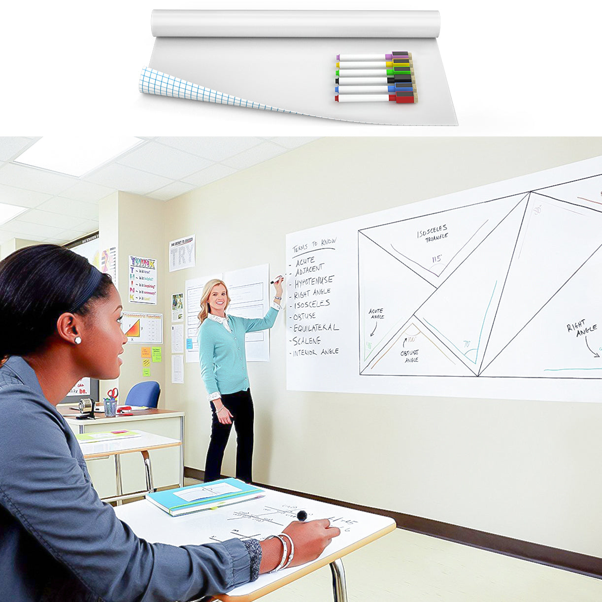 Nicpro Extra Large White Contact Paper 17.7" X 196.8",Self-Adhesive Dry Erase Paper Film Whiteboard Sticker Wall Decal with 6 Color Water-Based Pens for Home Office