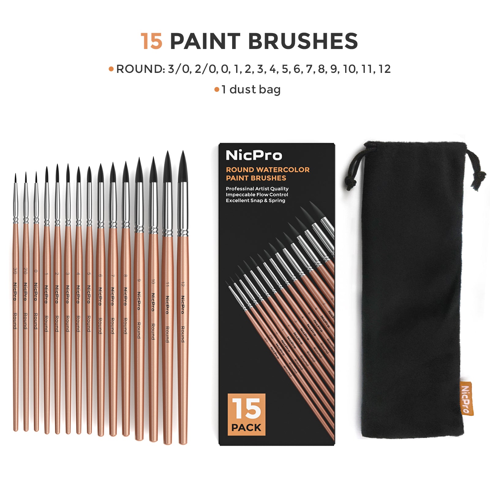 Nicpro 15 PCS Round Watercolor Paint Brushes Bulk, Professional Synthetic Squirrel Artist Painting Brush Set for Water Color Acrylic Oil, Detail, Model, Gouache, Ink, Art Paintbrush