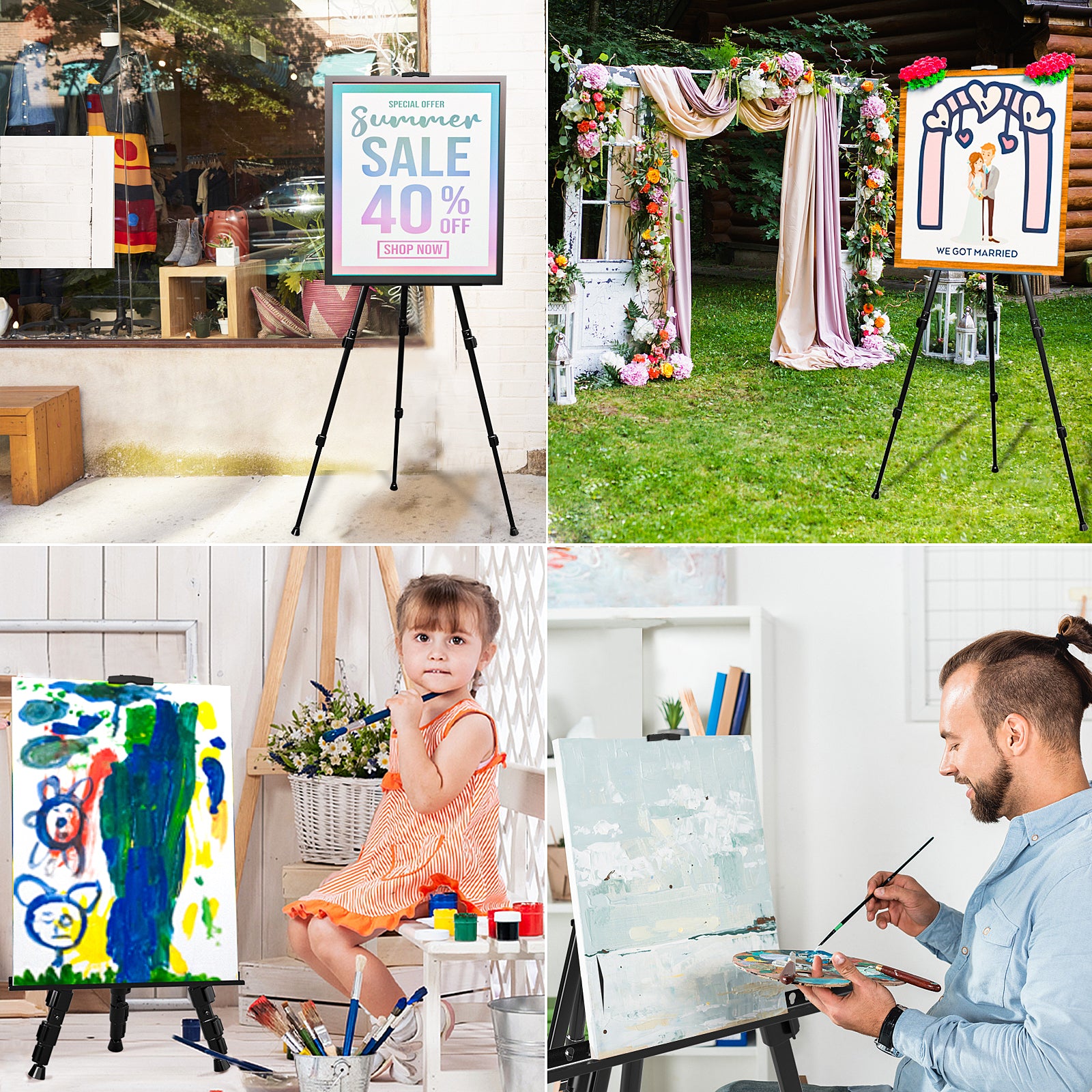 Nicpro 2 Pack Artist Easel Stand, Adjustable Height 17" to 63" Aluminum Metal Tripod Easel for Table Top & Floor, Painting Easel for Display, Posters, Signs Artwork & Trade Exhibitions with Bag- Black