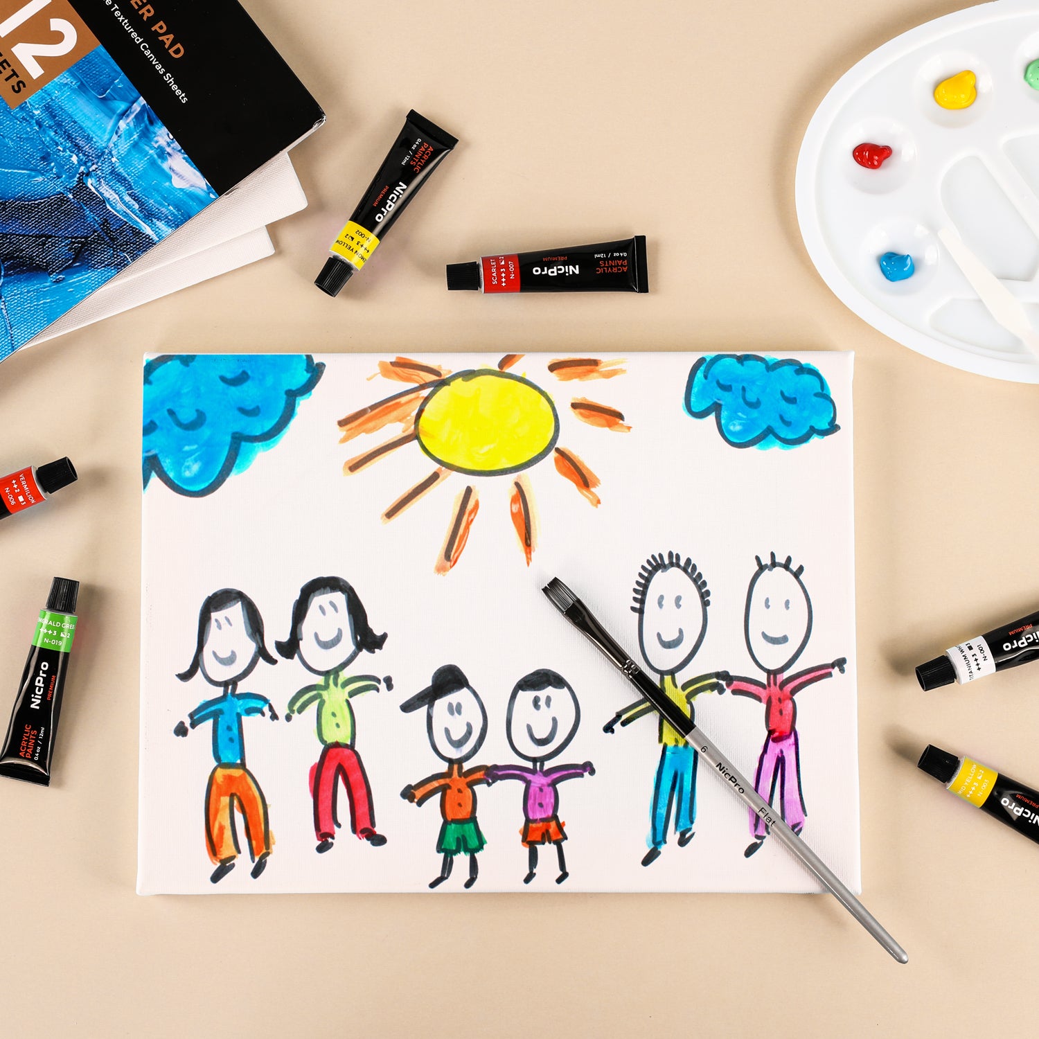 Nicpro Kid Art Set, 24 Colors Acrylic Paint,Complete Painting Supplies Kit for Boy & Girls Gift with Canvas, Smock, Painting Pad, Mixing Knives, Easel, Sponge, Mixing Tray