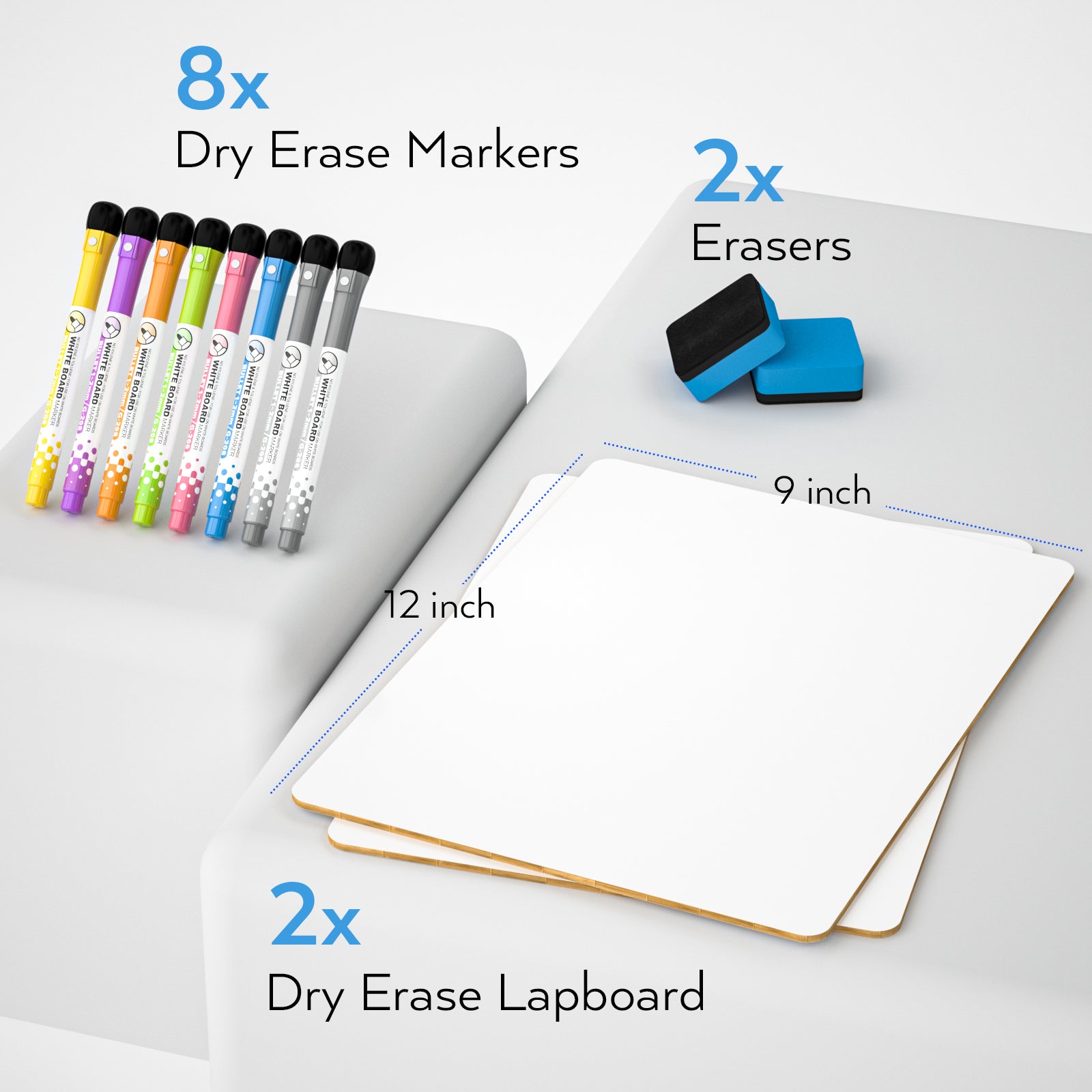 Nicpro 2 Pack Dry Erase Lap Board 9 x 12 Inches Double Sided Lapboard Bulk with 8 Water-Based Pens 2 Eraser, Learning Whiteboard Portable Drawing Board for Kid Student and Classroom Use