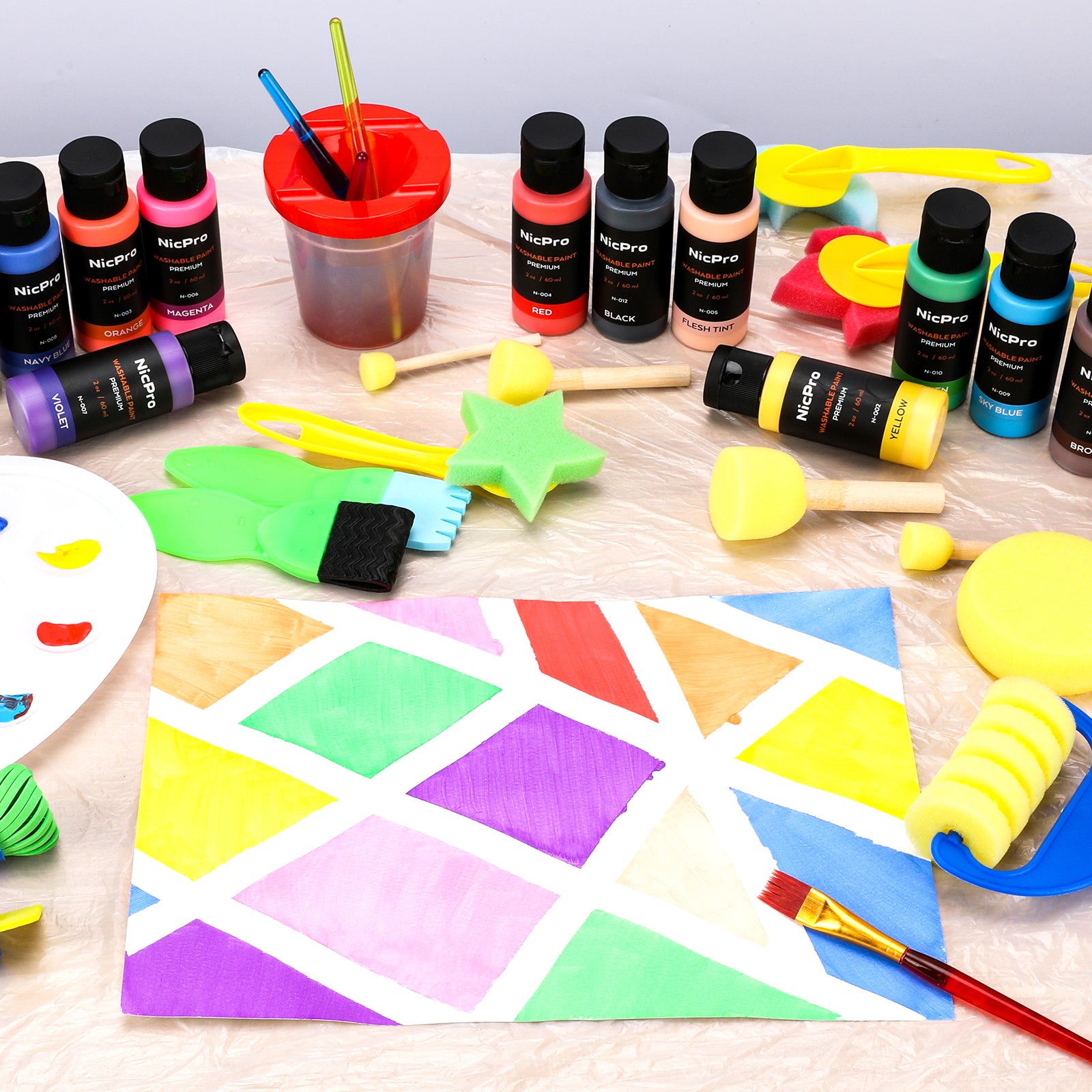 Nicpro 60 Pack Creations Washable Paint Set for Kids, 12 Colors Art Tempera Paint, Sponge Brushes and Stamps, Smock,Palette,Paper Pad Toddler Finger Painting Supplies Kit
