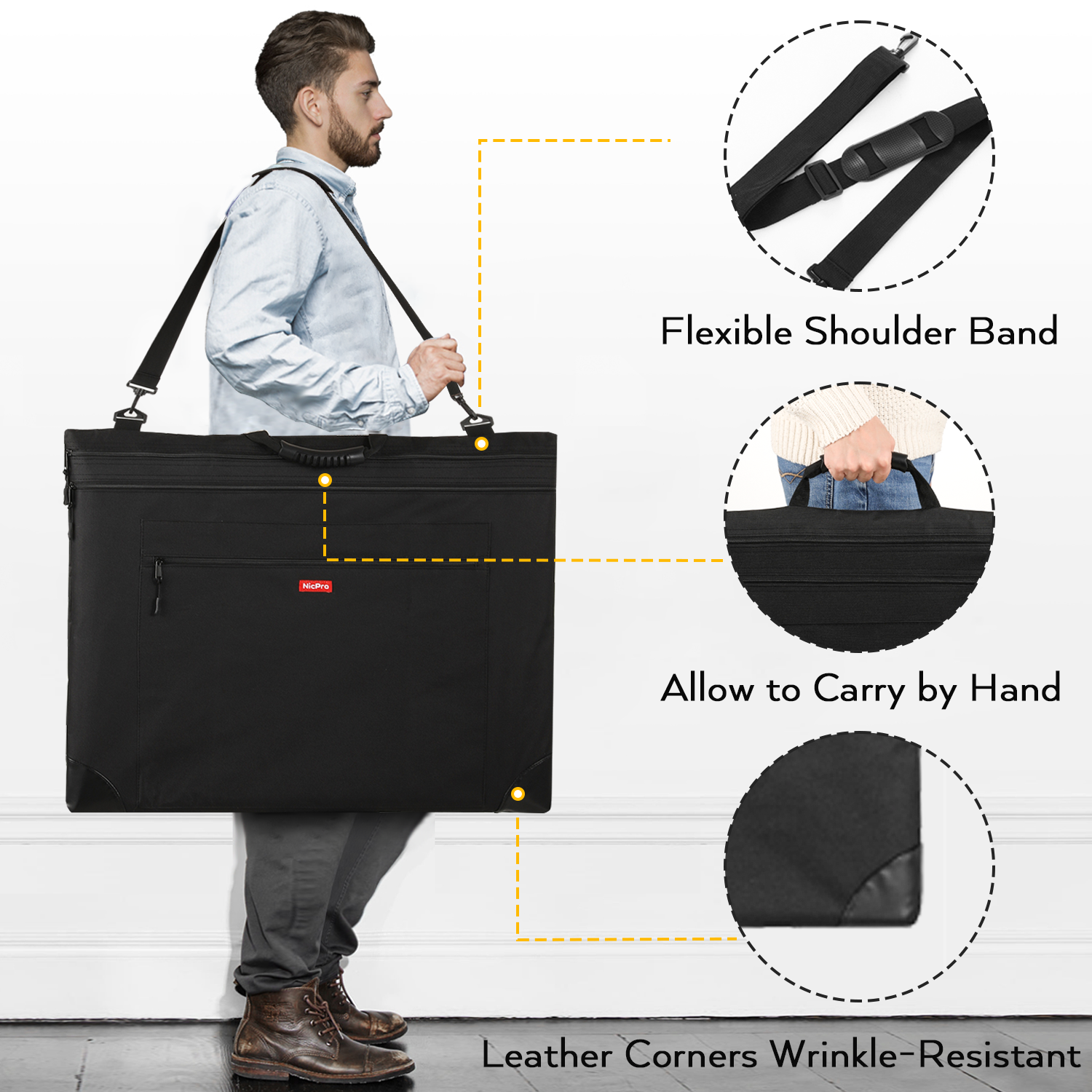 Nicpro Light Weight Art Portfolio Bag, 18x24 Black Art Canvas Portfolio Case with Detachable Shoulder Strap, Leather Corners, Carrying Storage Case for Artwork, Poster, Sketching, and Drawing