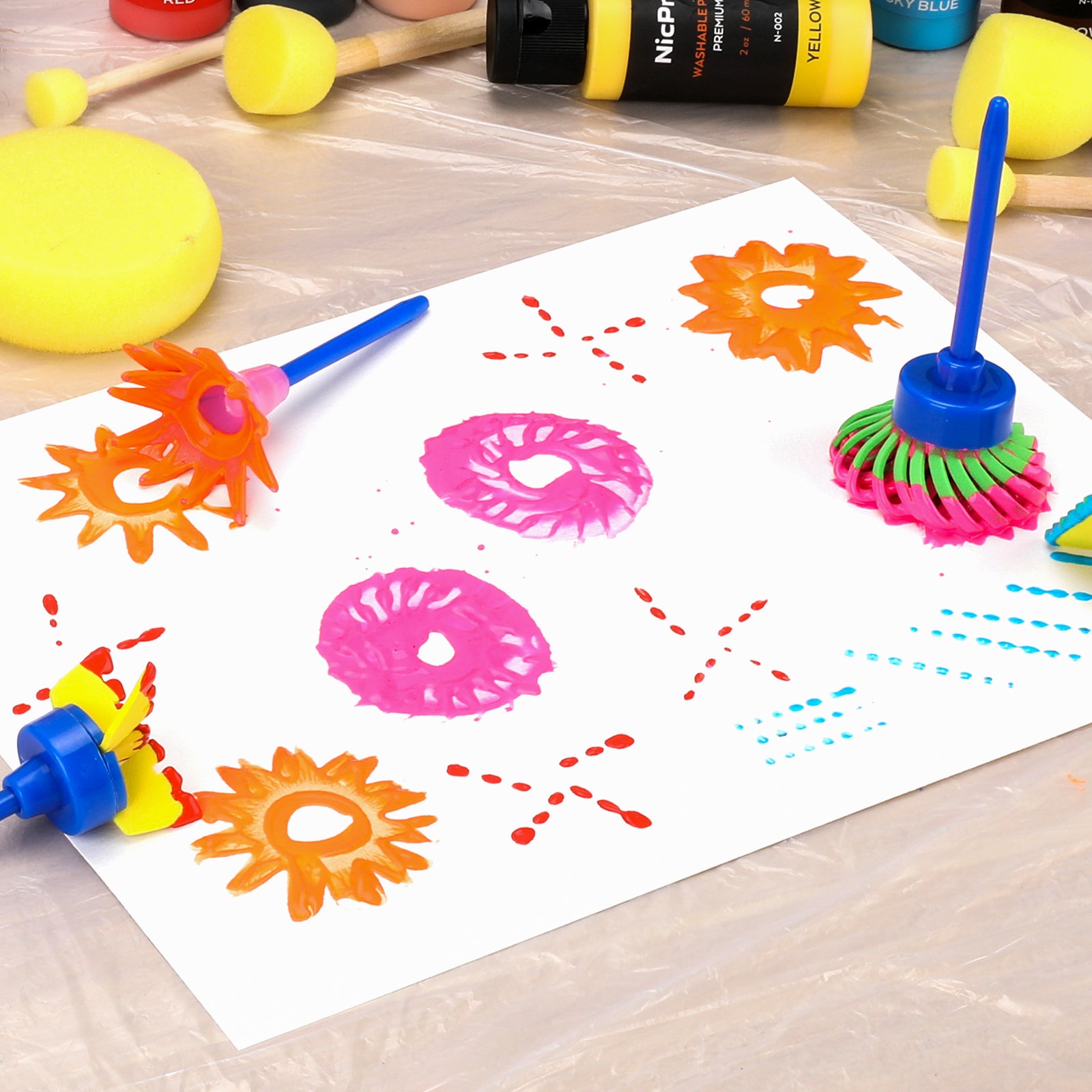 Nicpro 60 Pack Creations Washable Paint Set for Kids, 12 Colors Art Tempera Paint, Sponge Brushes and Stamps, Smock,Palette,Paper Pad Toddler Finger Painting Supplies Kit