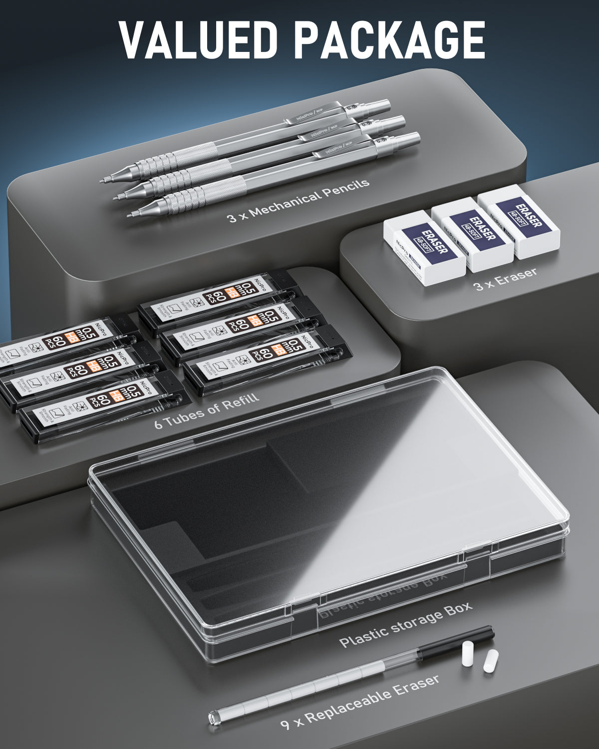 Nicpro 3 Pack 0.5 mm Mechanical Pencils Set, Metal Artist Pencil With HB Pencil Leads, Erasers Come With Case