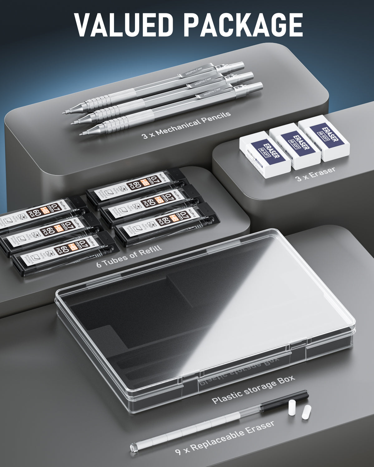 Nicpro 0.7 mm Mechanical Pencils Set, 3 PCS Metal Automatic Drafting Pencil Mechanical Pencil With 6 Tubes HB Pencil Leads And 3 Erasers For Writing Draft, Drawing, Sketch-Come With Case