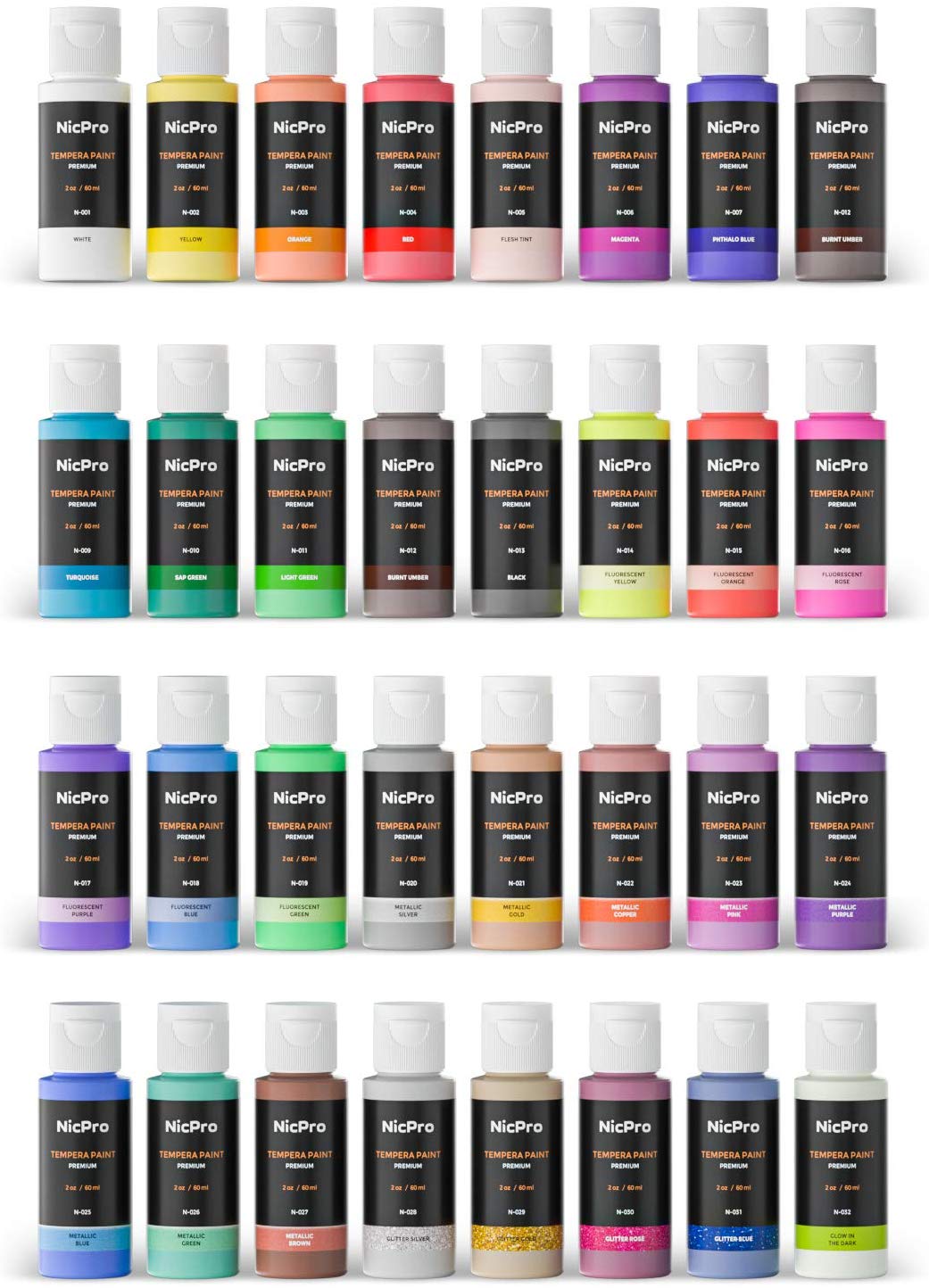 Nicpro Tempera Washable Paint for Kid, 32 Colors (2 oz/Tube) Liquid Finger Paint Kit with 3 Brushes Non Toxic for for Poster, Paper, Canvas & Art Craft DIY Projects