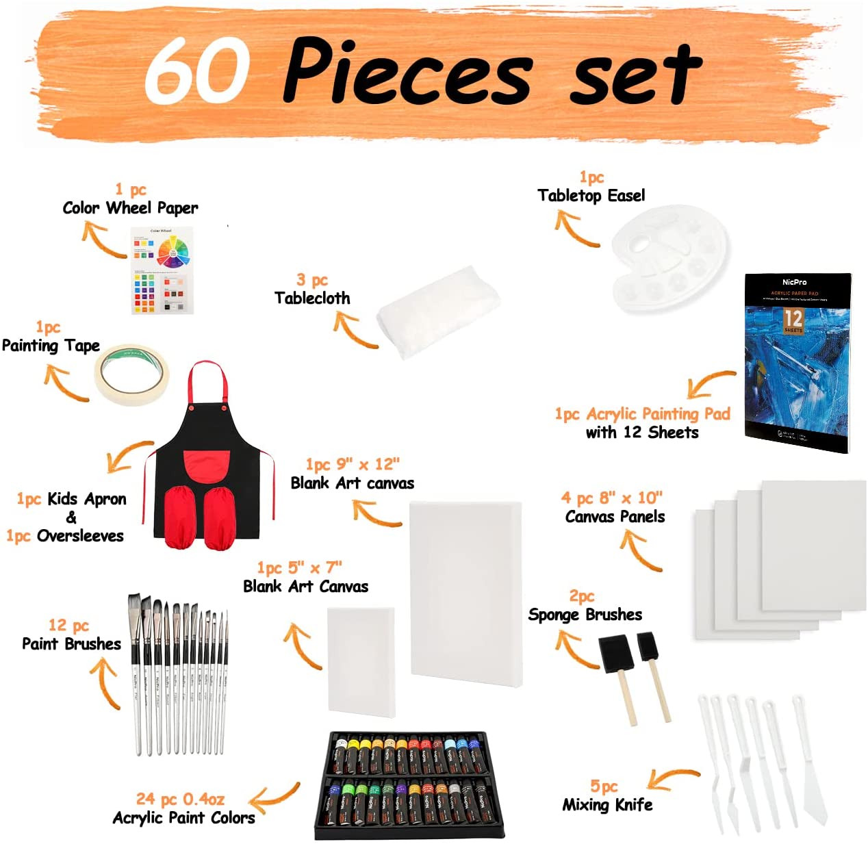 Nicpro Kid Art Set, 24 Colors Acrylic Paint,Complete Painting Supplies Kit for Boy & Girls Gift with Canvas, Smock, Painting Pad, Mixing Knives, Easel, Sponge, Mixing Tray