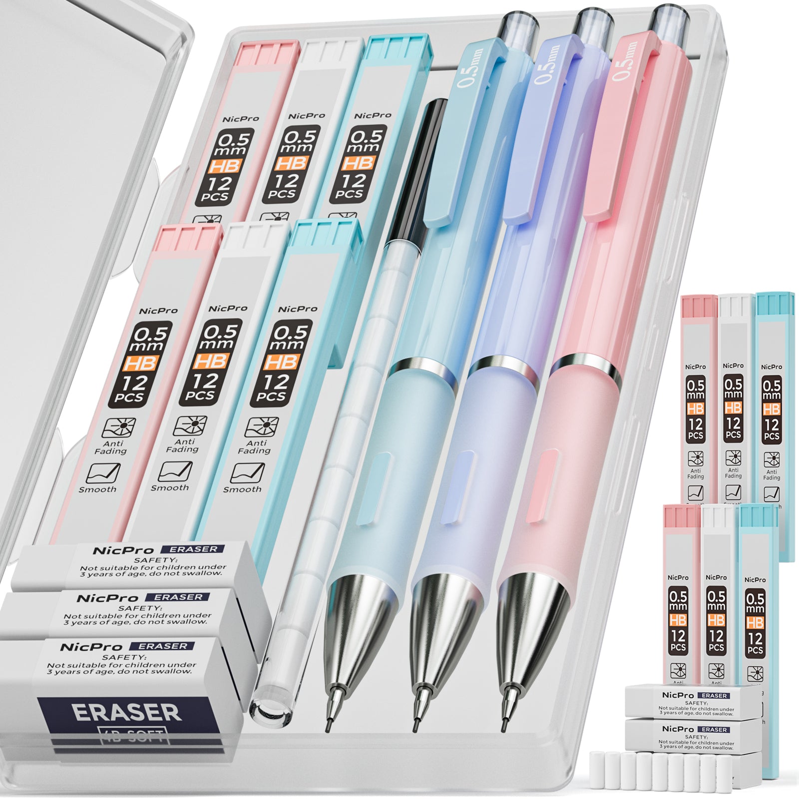 Nicpro Mechanical Pencils Set, 3PCS Mechanical Pencil 0.5 with 3 Tubes HB  Lead Pencil 0.5mm,1 PCS Eraser & 9 PCS Eraser Refill, White Drafting Pencil