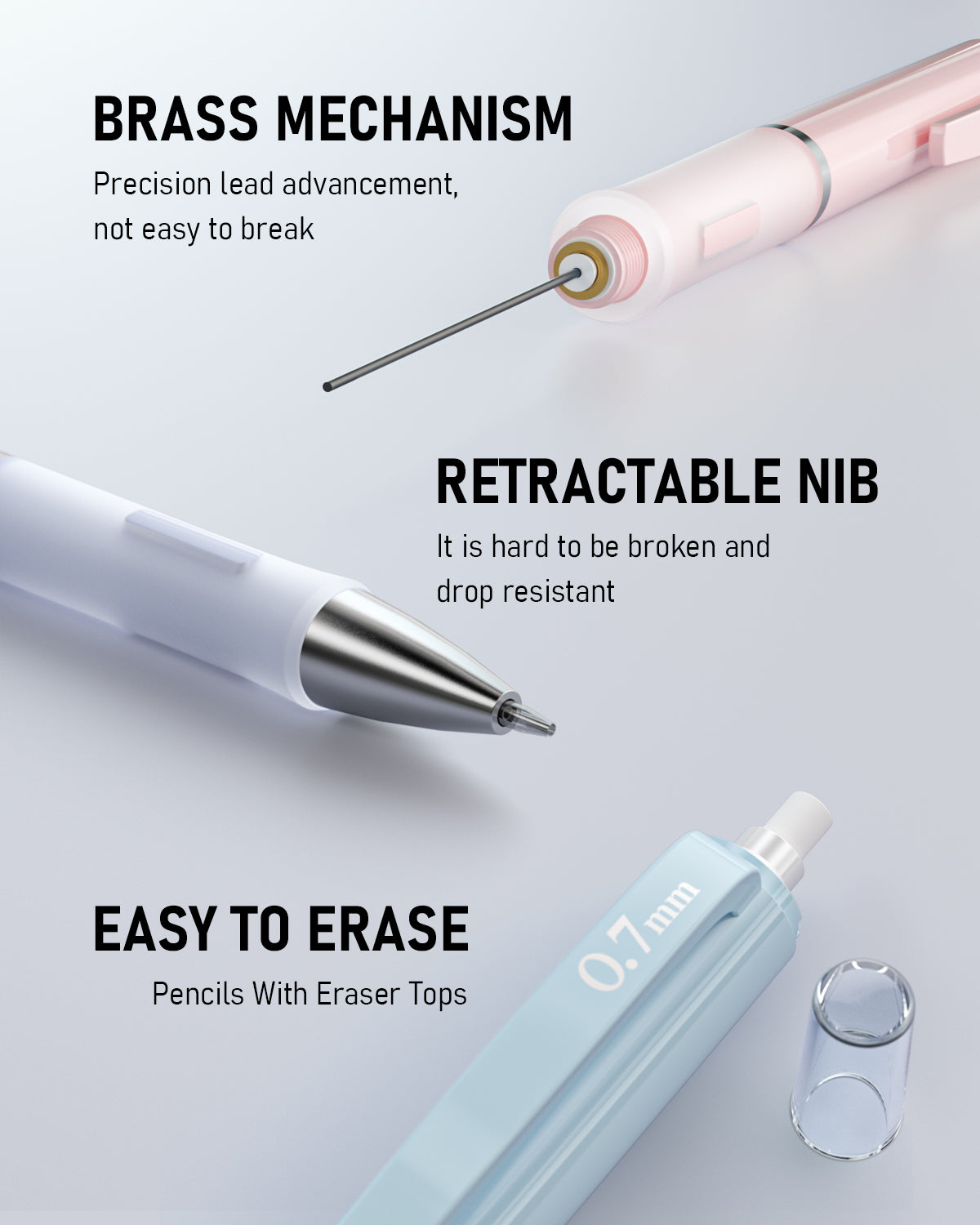 Nicpro 3 Pcs 0.7mm Pastel Mechanical Pencils, with 6 tubes HB Lead Refills, Erasers, Eraser Refills - Come with Case