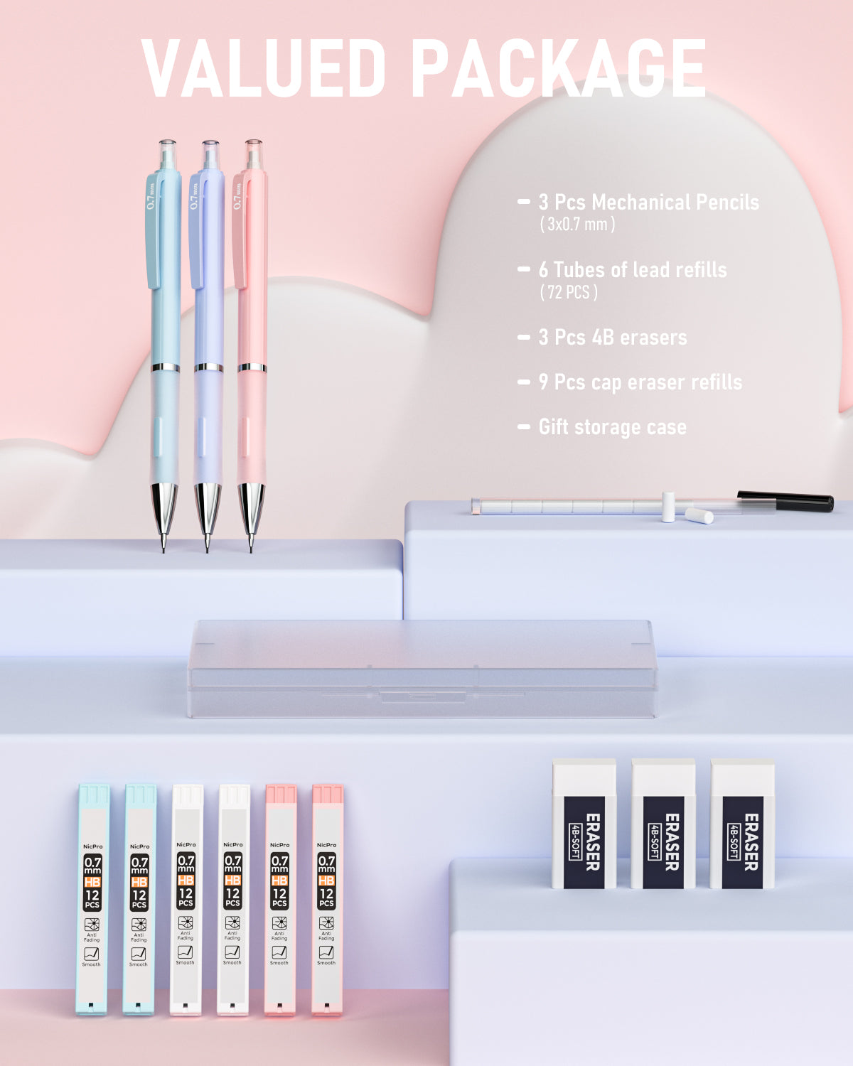 Nicpro 3 Pcs 0.7mm Pastel Mechanical Pencils, with 6 tubes HB Lead Refills, Erasers, Eraser Refills - Come with Case
