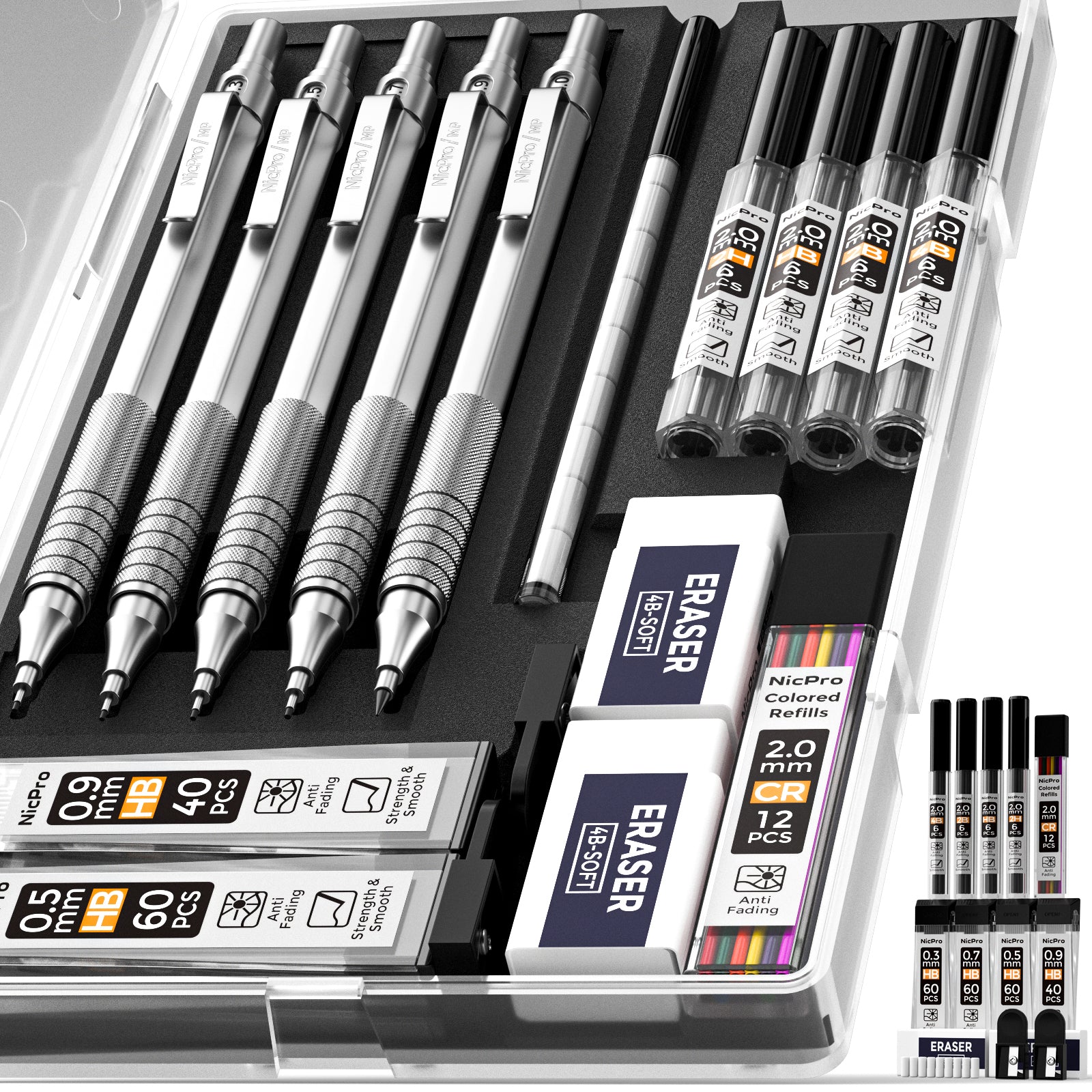 Nicpro Black Art Mechanical Pencil Set in Case, Metal Drafting Pencils 0.3,  0.5, 0.7, 0.9 & 2mm Graphite Lead Holders (2H HB 2B 4B Colored Lead) for