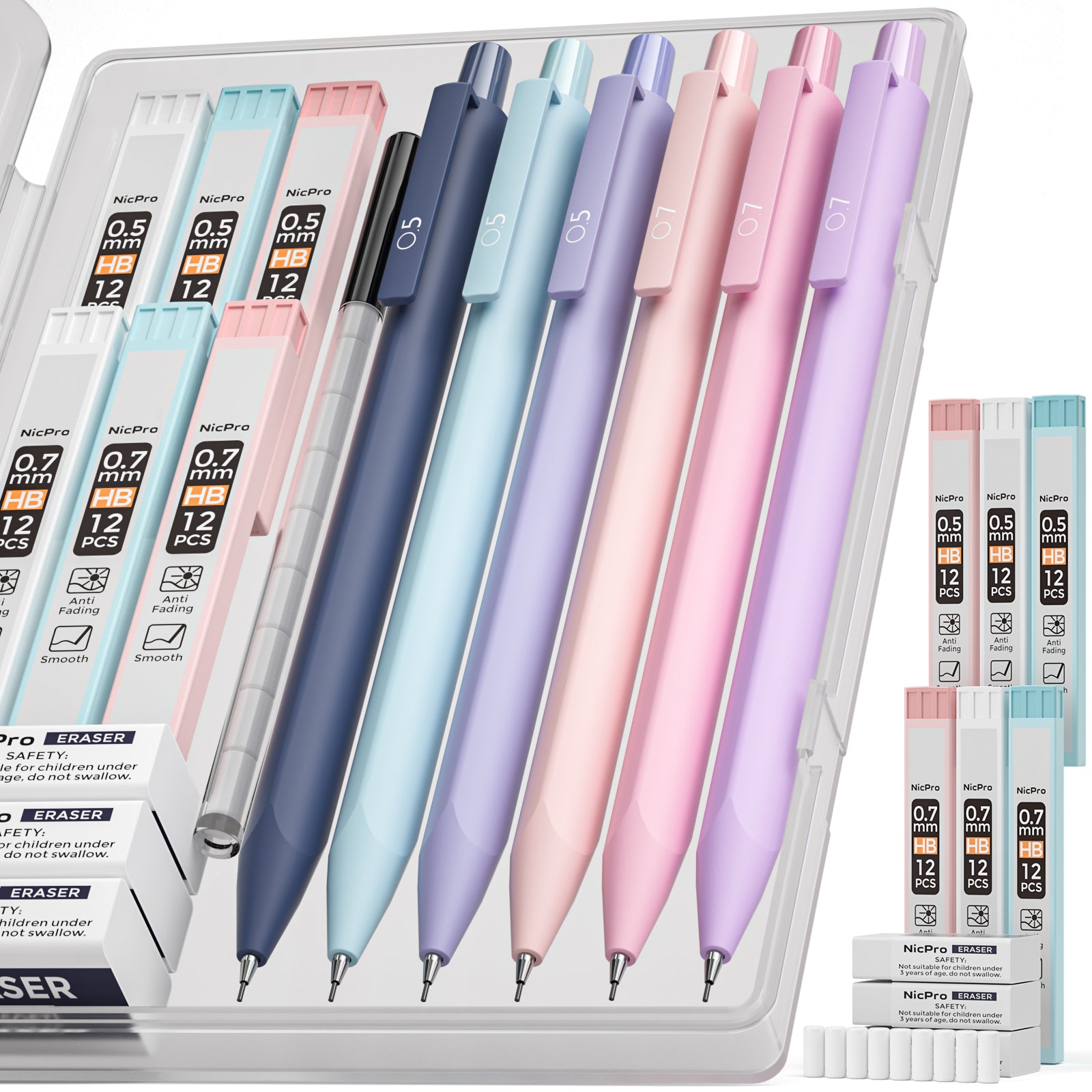 Nicpro 6PCS Pastel Mechanical Pencil Set, 0.5 & 0.7 mm with 6 Tubes HB Lead  Refill, 3PCS Eraser and 9PCS Eraser Refill for Student Writing Drafing
