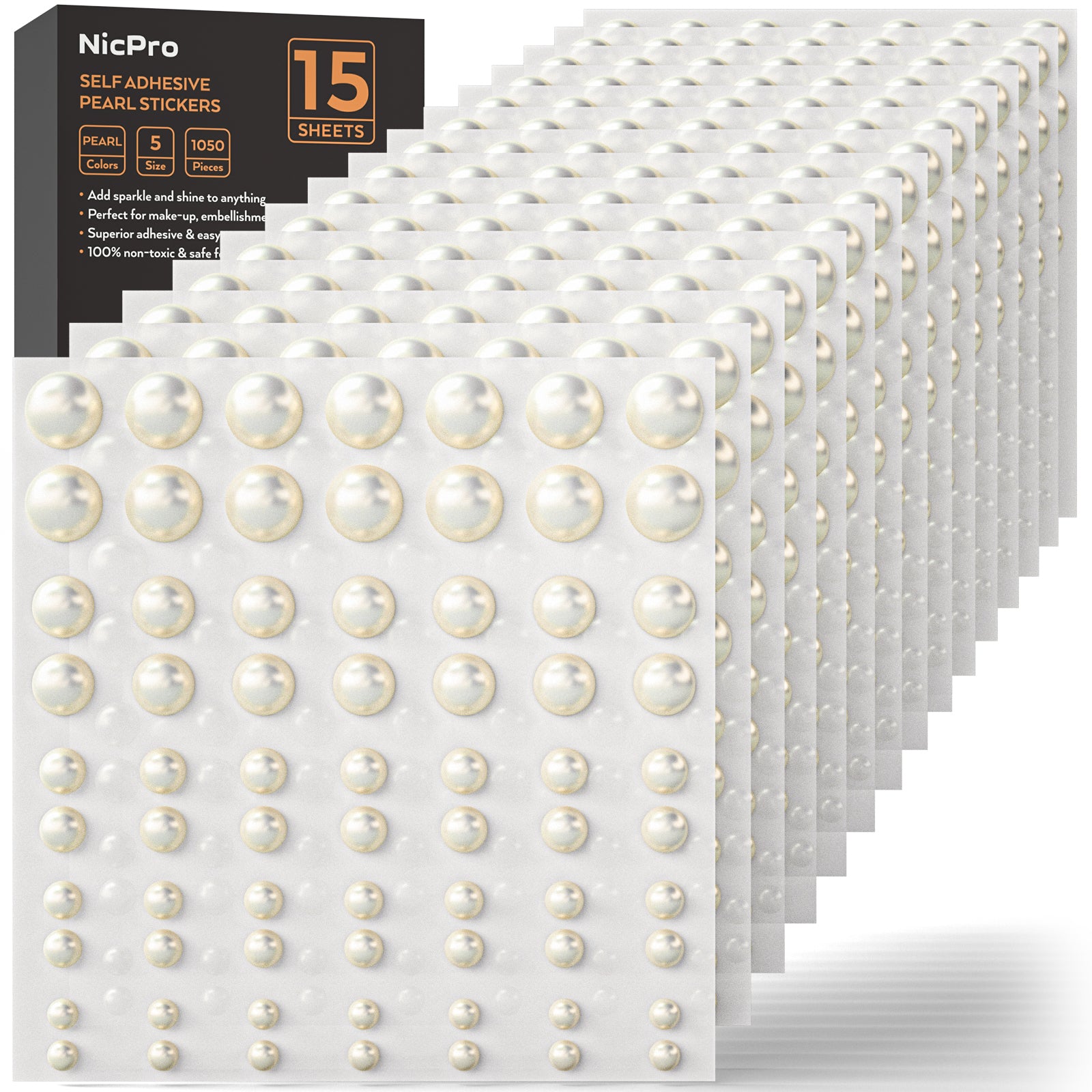 1050 PCS Pearl Stickers Self Adhesive,Nicpro 5 Size Stick On Makeup Pearl Gem Jewels Decor for Face, Body, Nail, Hair, Phone Art Craft Scrapbooking Embellishments, Size 4mm/5mm/6mm/8mm/10mm