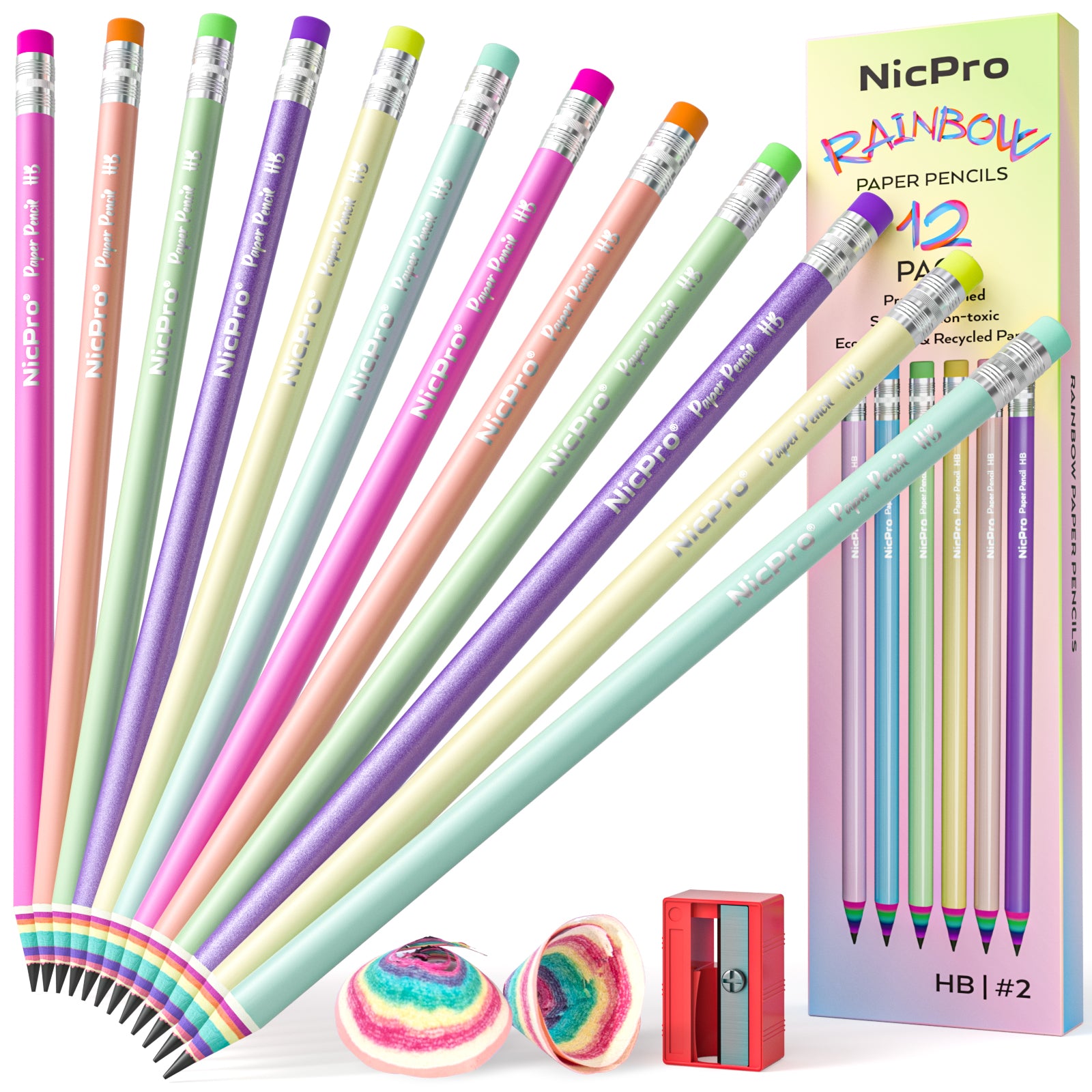 Nicpro 12PCS Pencils #2, HB Rainbow Colored Paper Pencils, Pre-Sharpen