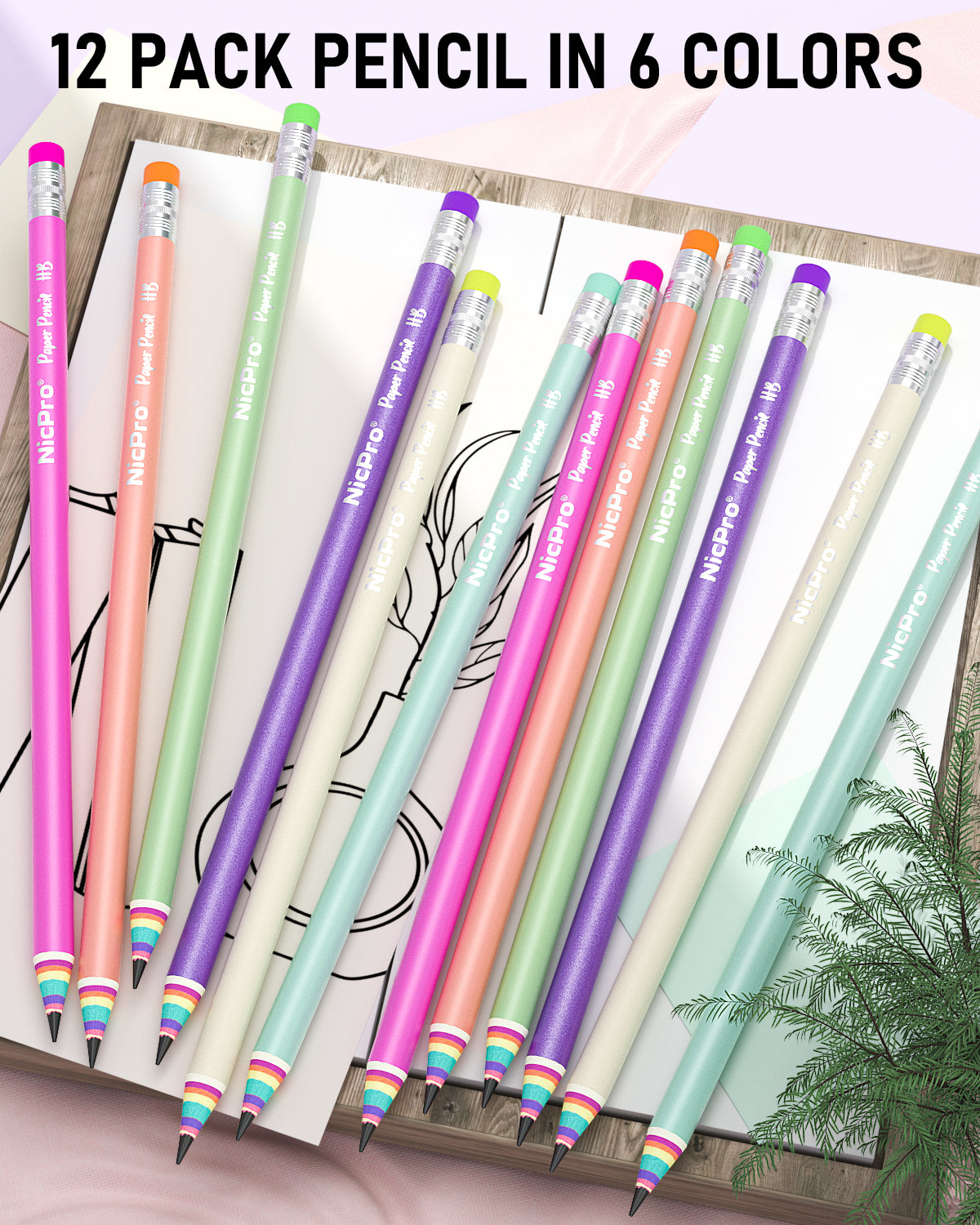 Nicpro 12PCS Pencils #2, HB Rainbow Colored Paper Pencils, Pre-Sharpened Wood-Cased Cute Pencils, Anti-Break Graphite Pencil with Eraser for Student Writing Drawing Drafting Sketching School Supplies
