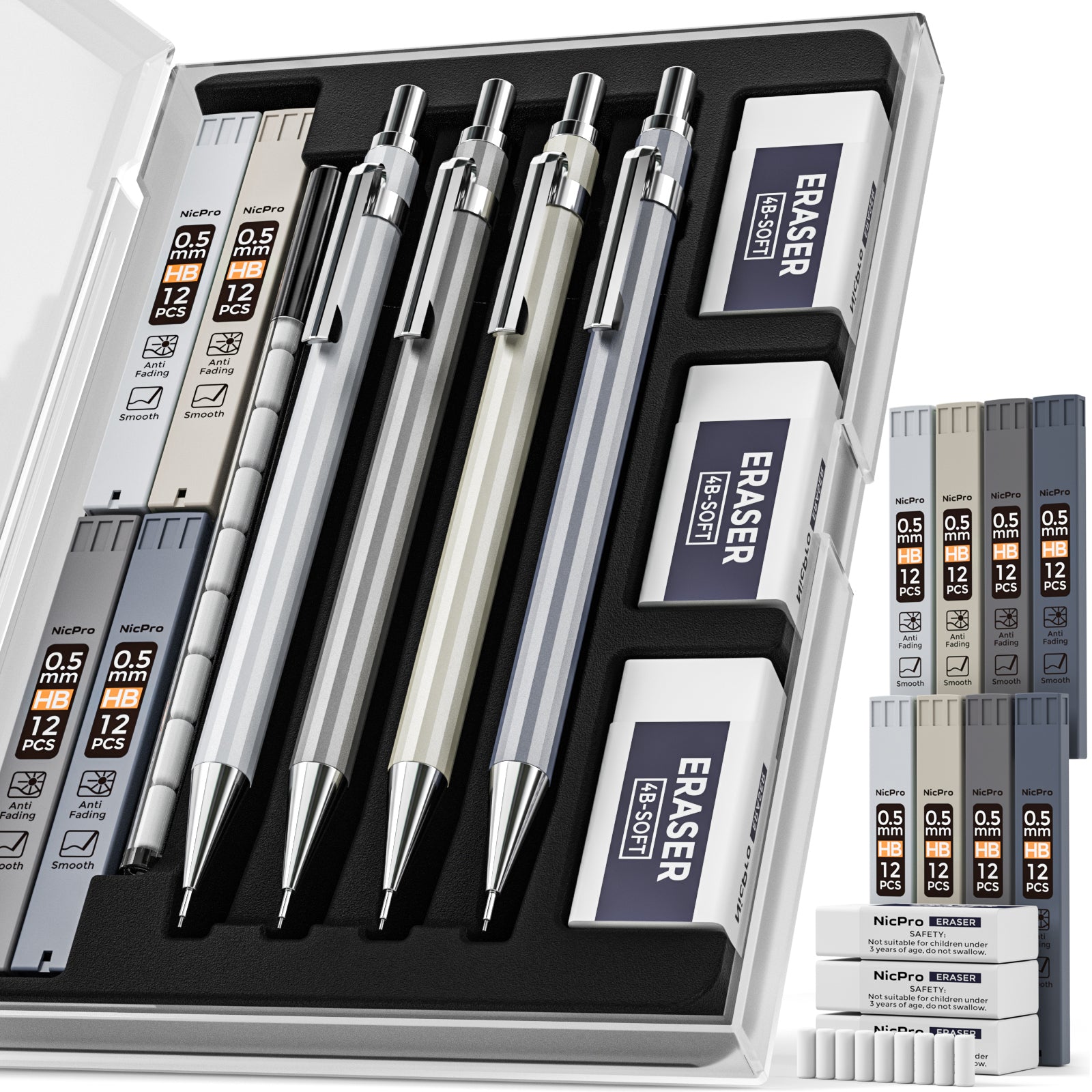 Nicpro 0.7 mm Art Mechanical Pencils Set in Storage Case, 3 PCS Metal