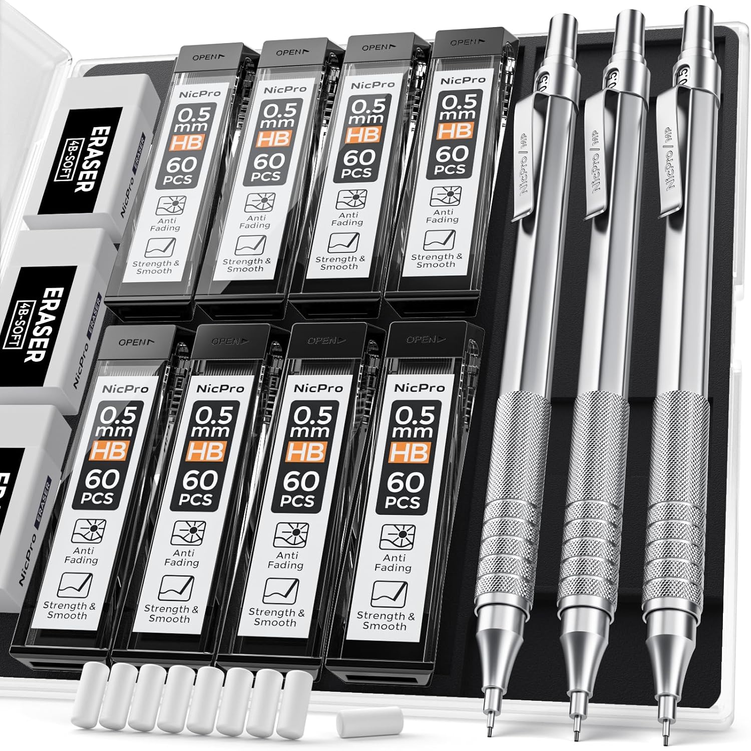 Nicpro 3 Pack 0.5 mm Mechanical Pencils Set, Metal Artist Pencil With HB Pencil Leads, Erasers Come With Case