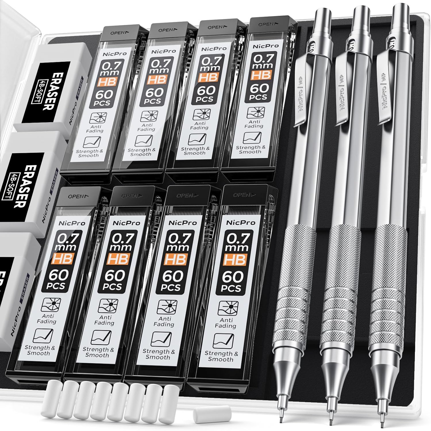 Nicpro 0.7 mm Mechanical Pencils Set, 3 PCS Metal Automatic Drafting Pencil Mechanical Pencil With 6 Tubes HB Pencil Leads And 3 Erasers For Writing Draft, Drawing, Sketch-Come With Case