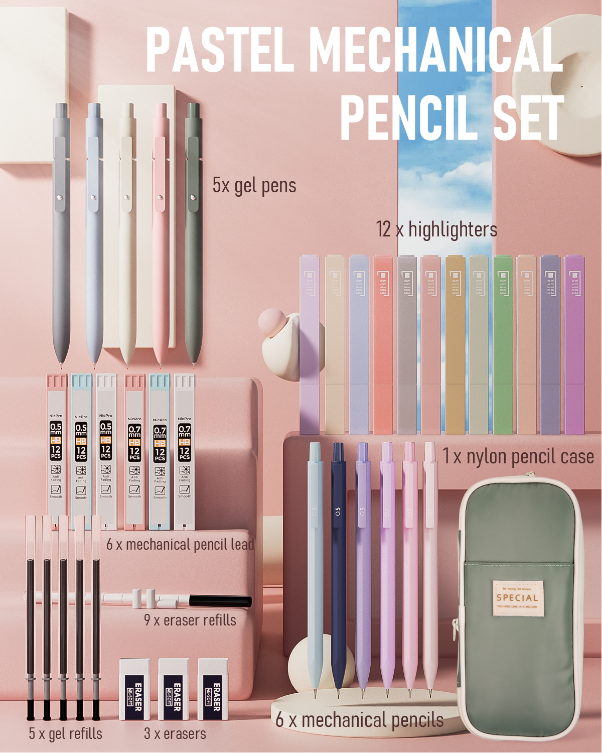 SET of 12 Colored Ink Pens 0.5mm, Kawaii Pens, Cute Gel Pens