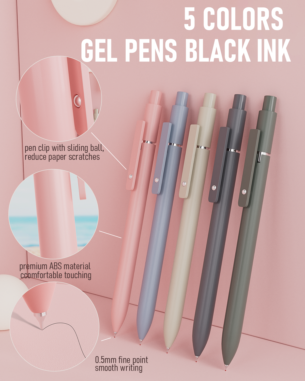 5 Pack Cute Gel Pens, Retractable Quick Dry Gel Ink Pen, Fine Point 0.5mm Black Ink Rolling Ball Gel Pens, Smooth Writing Aesthetic Pens for Home