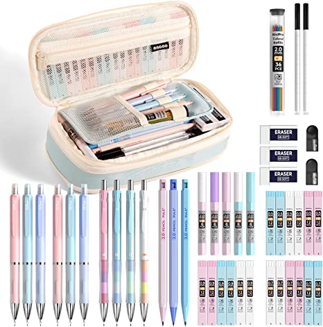 Nicpro 45PCS Pastel Mechanical Pencil Set With Big Capacity Pencil Case, Cute Mechanical Pencils 0.5, 0.7, 0.9, 2mm with 24 Tube Lead Refills(4B 2B HB 2H 4H COLORS) Erasers For Student Writing Drawing