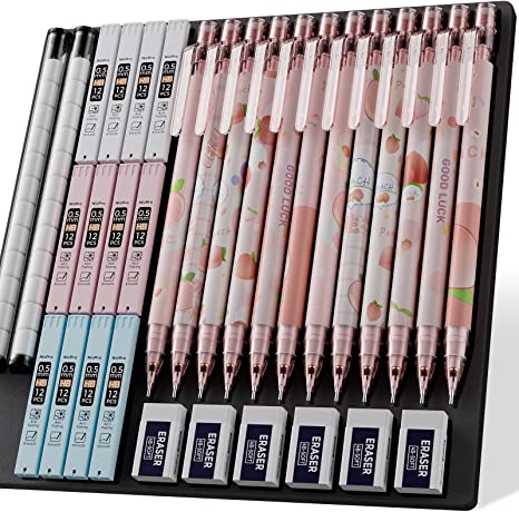 Nicpro 12PCS Pink Mechanical Pencil Set, Cute Mechanical Pencils 0.5 mm with 12 Tubes HB Lead Refills, 6PCS Eraser, 24PCS Eraser Refill for Writing, Drawing, Sketching, Drafting -Come with Case