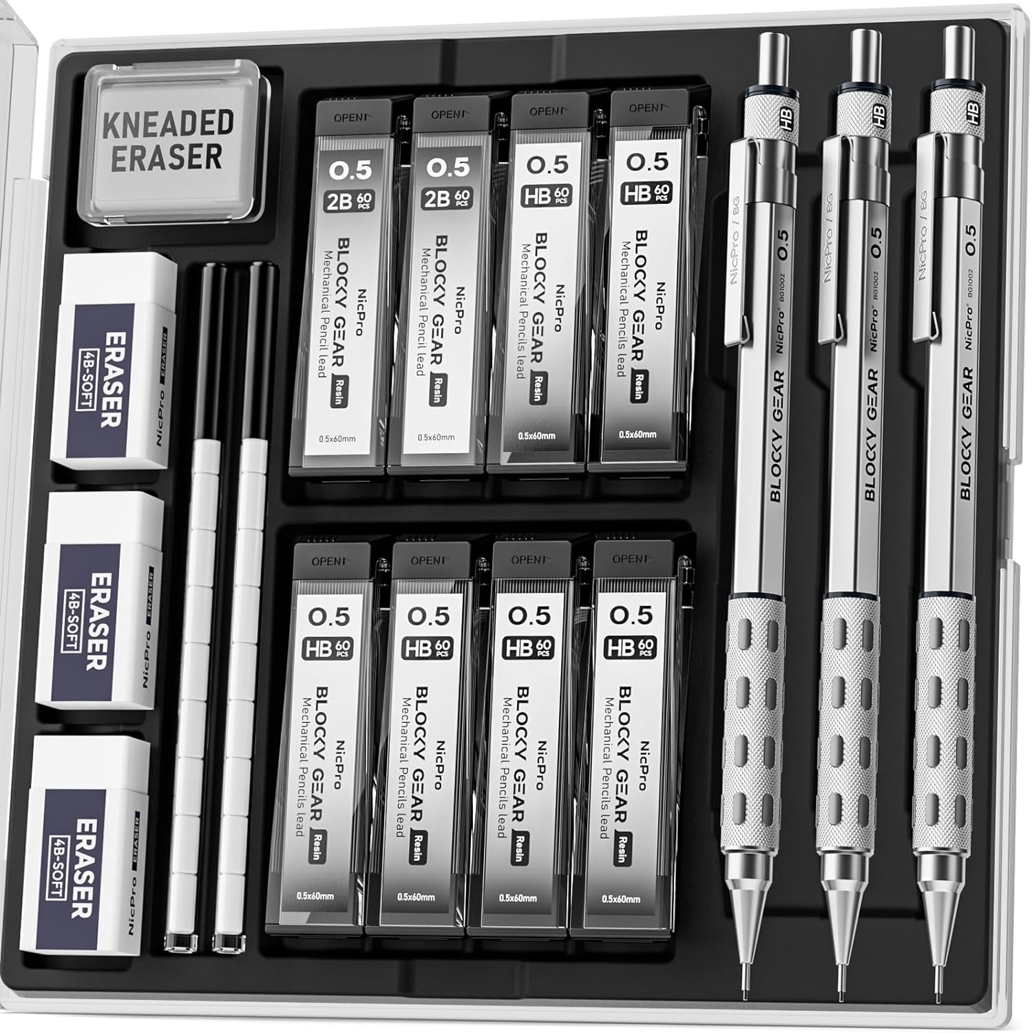 Nicpro 3 Pack Blocky Gear 0.5 mm Metal Mechanical Pencils Set with Case, Lead Drafting Pencil with 8 Tube (480PCS) Lead Refills(HB 2B), 4 Erasers, 18 Eraser Refills for Art Writing, Sketching Drawing