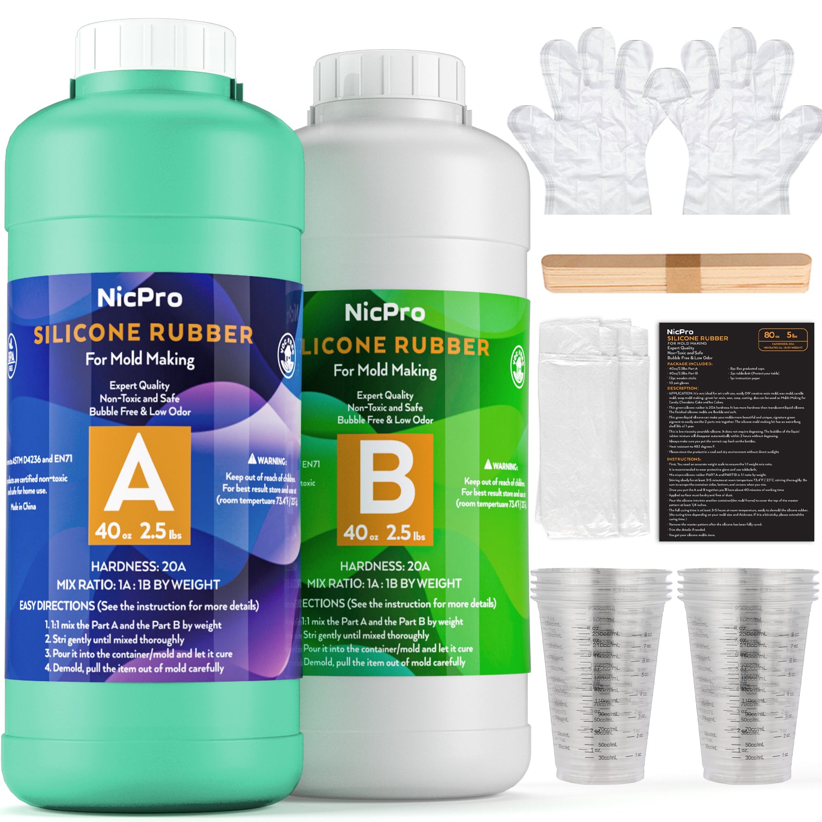 Nicpro 80 oz Silicone Mold Making Kit 20A, Platinum Liquid Silicone Rubber for Mold Maker, Jade Green Flexible & Food Safe Mix Ratio 1:1 for Casting 3D Resins Molds DIY with Gloves, Sticks & Cups